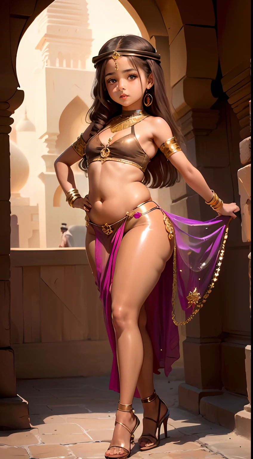 (), (arabian girl:1.5) perfect face, (chubby:1.3) child in saree perfect full HDR body exposed midriff highleg loli flat chest curvy indian armpits bellydancer 8k high res knees ankles , royal skimpy underwear, cleavage (shiny skin:1.5) depth of field (full body shot) (high heels) (brown skin:1.7)
