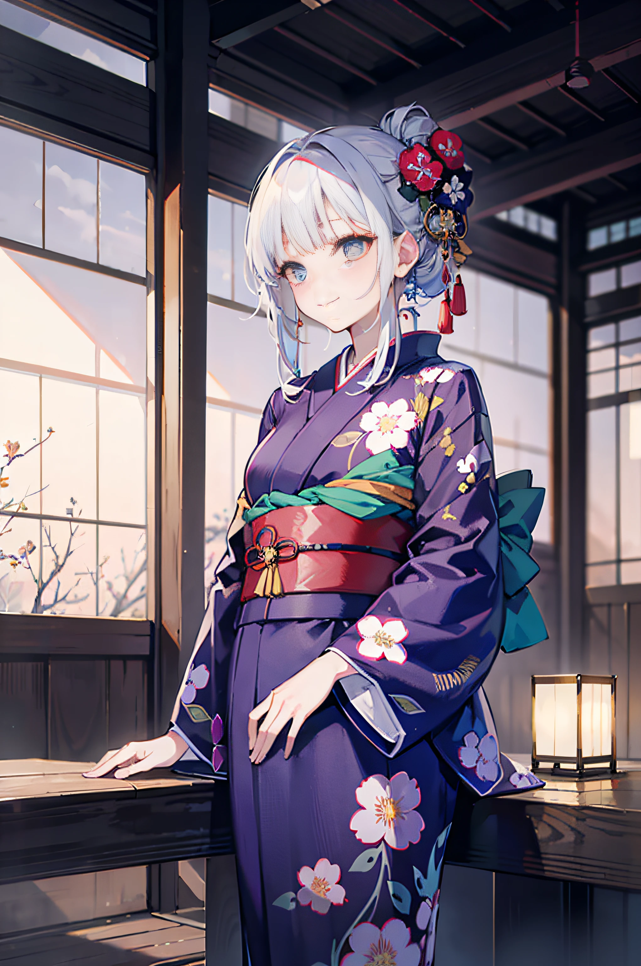 (a masterpiece of、beste-Qualit:1.2)、ultra hyper-detailed、lighting like a movie、(((Beautiful woman with sparkler)))、A smile、woman wearing the kimono, bath robe, classy yukata clothing, Wearing a colorful yukata, in a kimono, Wearing a kimono, japanese kimono, in a kimono, Komono, wearing a haori, Yukata with morning glory pattern, A Japanese style, Wearing kimono,
