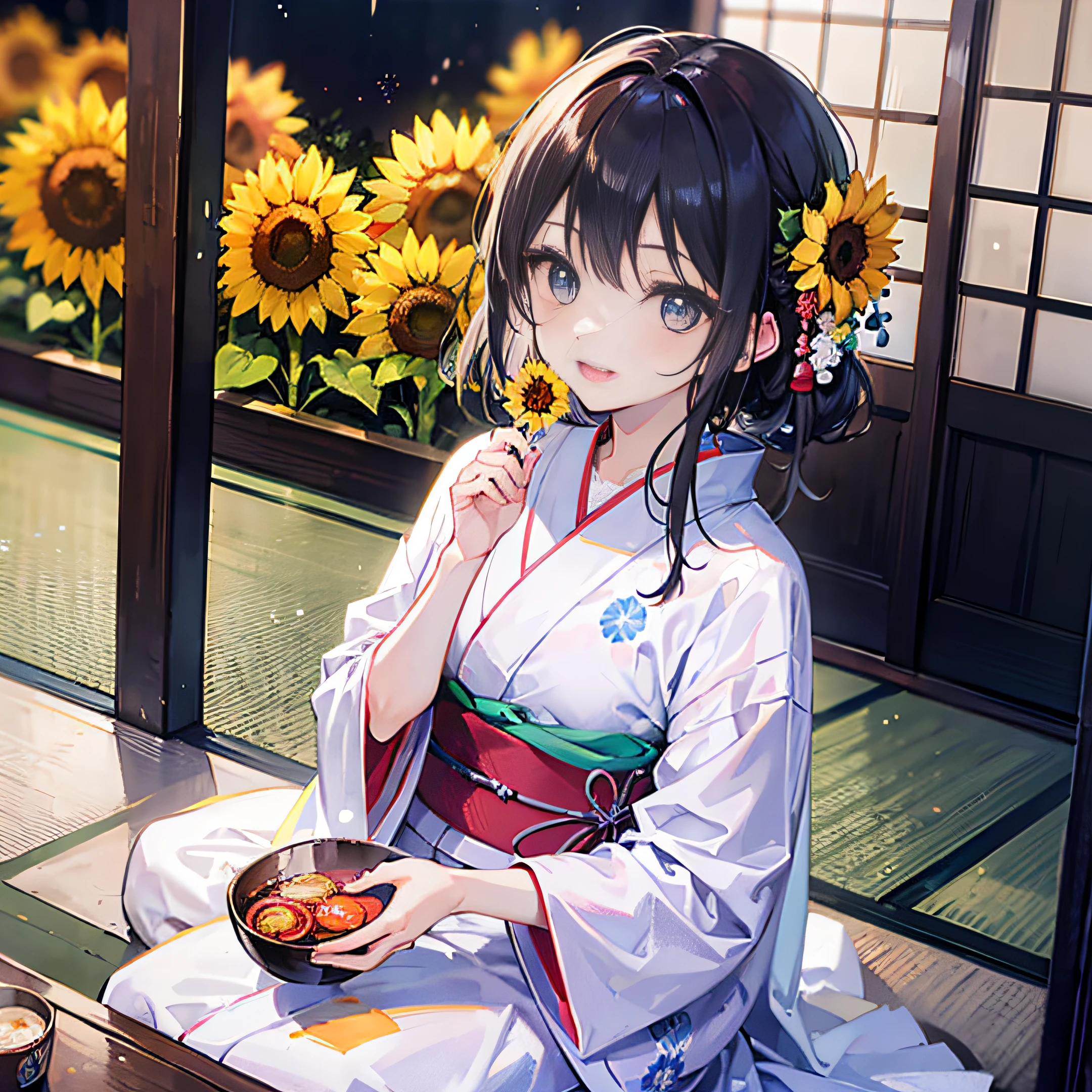 (a masterpiece of、beste-Qualit:1.2)、ultra hyper-detailed、lighting like a movie、(((Beautiful woman looking up at fireworks)))、A smile、woman wearing the kimono, bath robe, classy yukata clothing, Wearing a colorful yukata, in a kimono, Wearing a kimono, japanese kimono, in a kimono, Komono, wearing a haori, Sunflower pattern yukata, A Japanese style, Wearing kimono,Uchiwa、