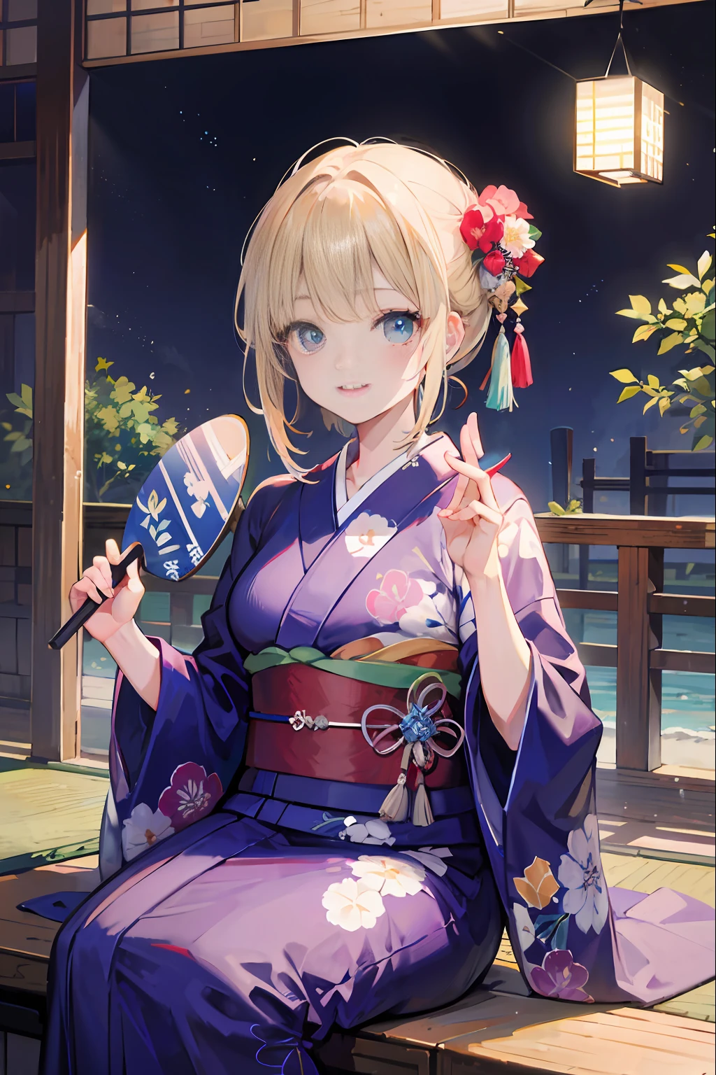 (a masterpiece of、beste-Qualit:1.2)、ultra hyper-detailed、lighting like a movie、(((Beautiful woman sitting on the porch)))、A smile、woman wearing the kimono, bath robe, classy yukata clothing, Wearing a colorful yukata, in a kimono, Wearing a kimono, japanese kimono, in a kimono, Komono, wearing a haori, Dark blue yukata with morning glory pattern, A Japanese style, Wearing kimono,Uchiwa、mosquito coil、watermelons、wind chime、