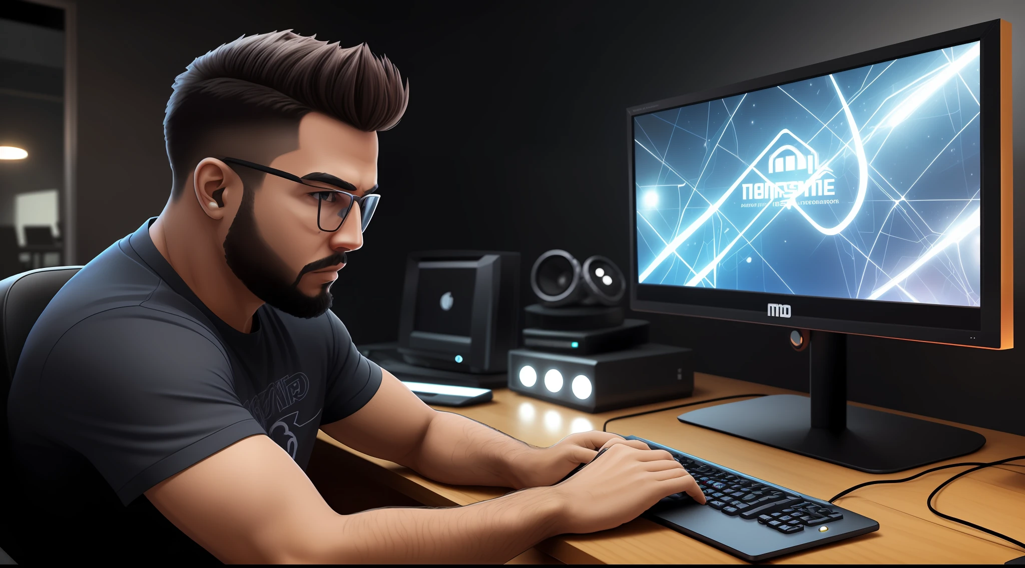 desenho, Homem gordo, baby face, pele parda, cabelos castanhos, eyewear, sentado de lado, Bermudas, camisa amarela com logo de tecnologia, computador, cadeira GAMER, 1 widescreen monitor, s office, iluminado, qualidade superior, 8k, obra-prima: 1.3, sharp-focus: 1.2 --auto