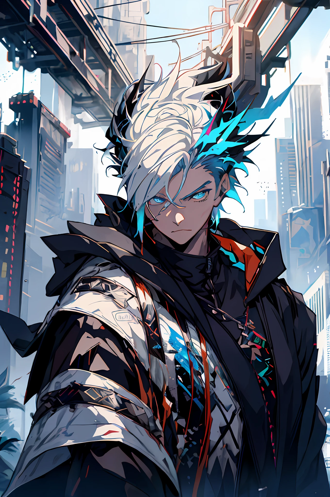 anime character with white hair and blue eyes in a city, Badass anime 8 K, digital cyberpunk anime art, Best anime 4k konachan wallpaper, style of anime4 K, digitl cyberpunk - anime art, Anime art wallpaper 8 K, Anime wallpaper 4k, Anime wallpaper 4 k, Anime art wallpaper 4 K, Anime art wallpaper 4k, anime cyberpunk art