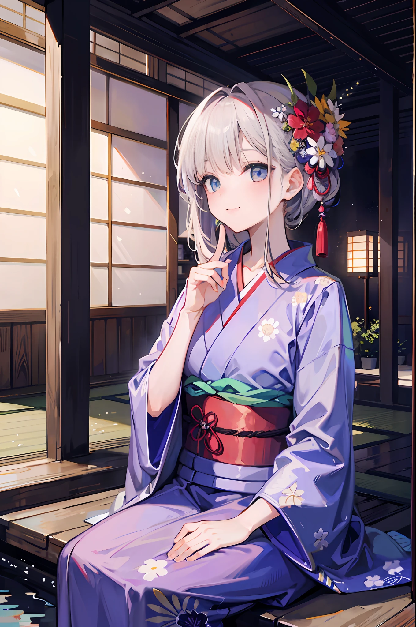 (a masterpiece of、beste-Qualit:1.2)、ultra hyper-detailed、lighting like a movie、（（（Beautiful woman looking up at fireworks）））、A smile、woman wearing the kimono, bath robe, classy yukata clothing, Wearing a colorful yukata, in a kimono, Wearing a kimono, japanese kimono, in a kimono, Komono, wearing a haori, Yukata with morning glory pattern, A Japanese style, Wearing kimono,