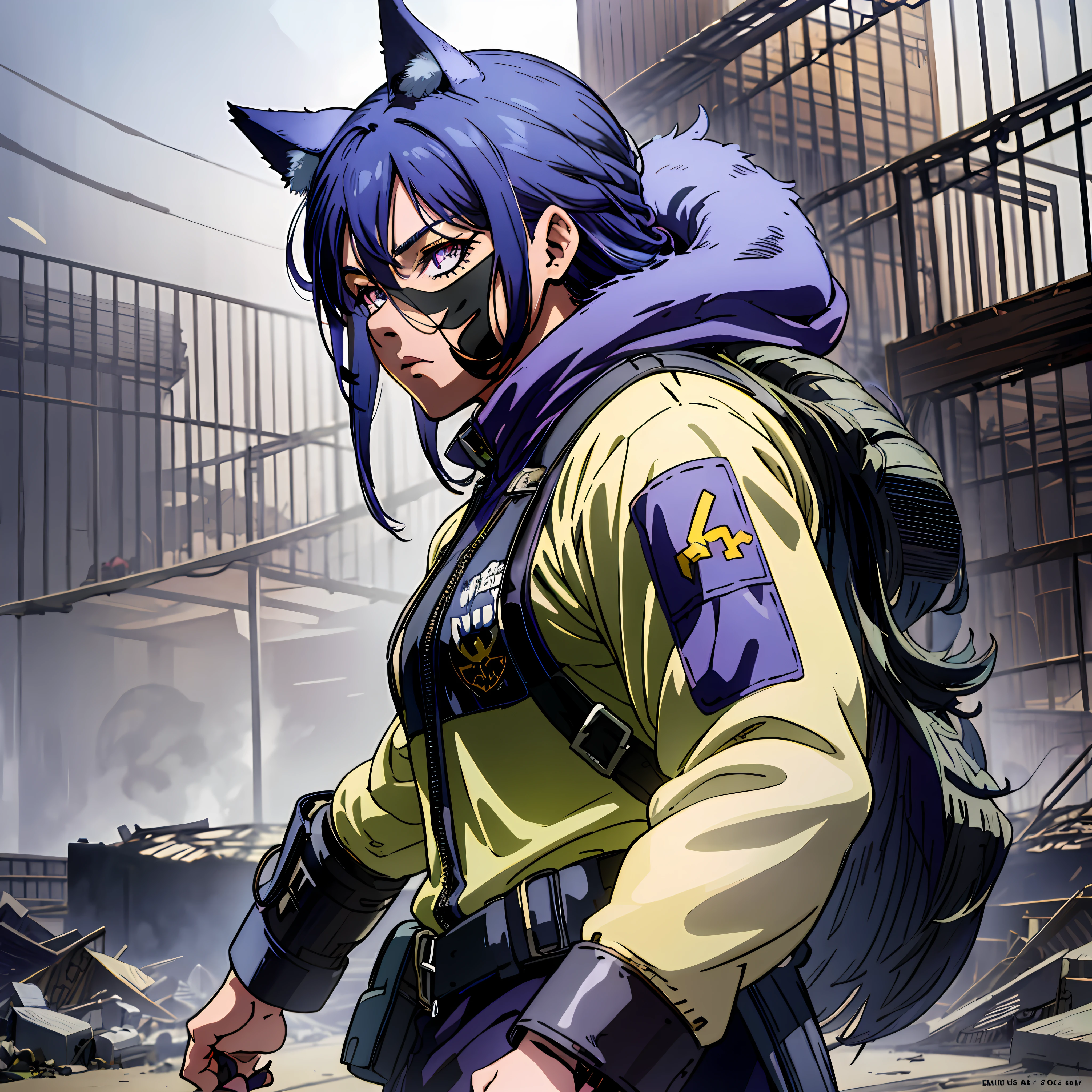 Arte digital, War, campo de batalha, anime, estilo anime, Anime character with purple hair and a mask, wolf ears on the head, walking in front of a destroyed building, badass anime 8 k, Gatilho Estilo de Arte de Anime, Conceito de anime HDR Anime MacManus, gama murata e artgerm, guilty gear strive splash art, como personagem em tekken, como personagem de overwatch, 2 d estilo anime, tiro de close-up, arte oficial do personagem, shigenori soejima illustration