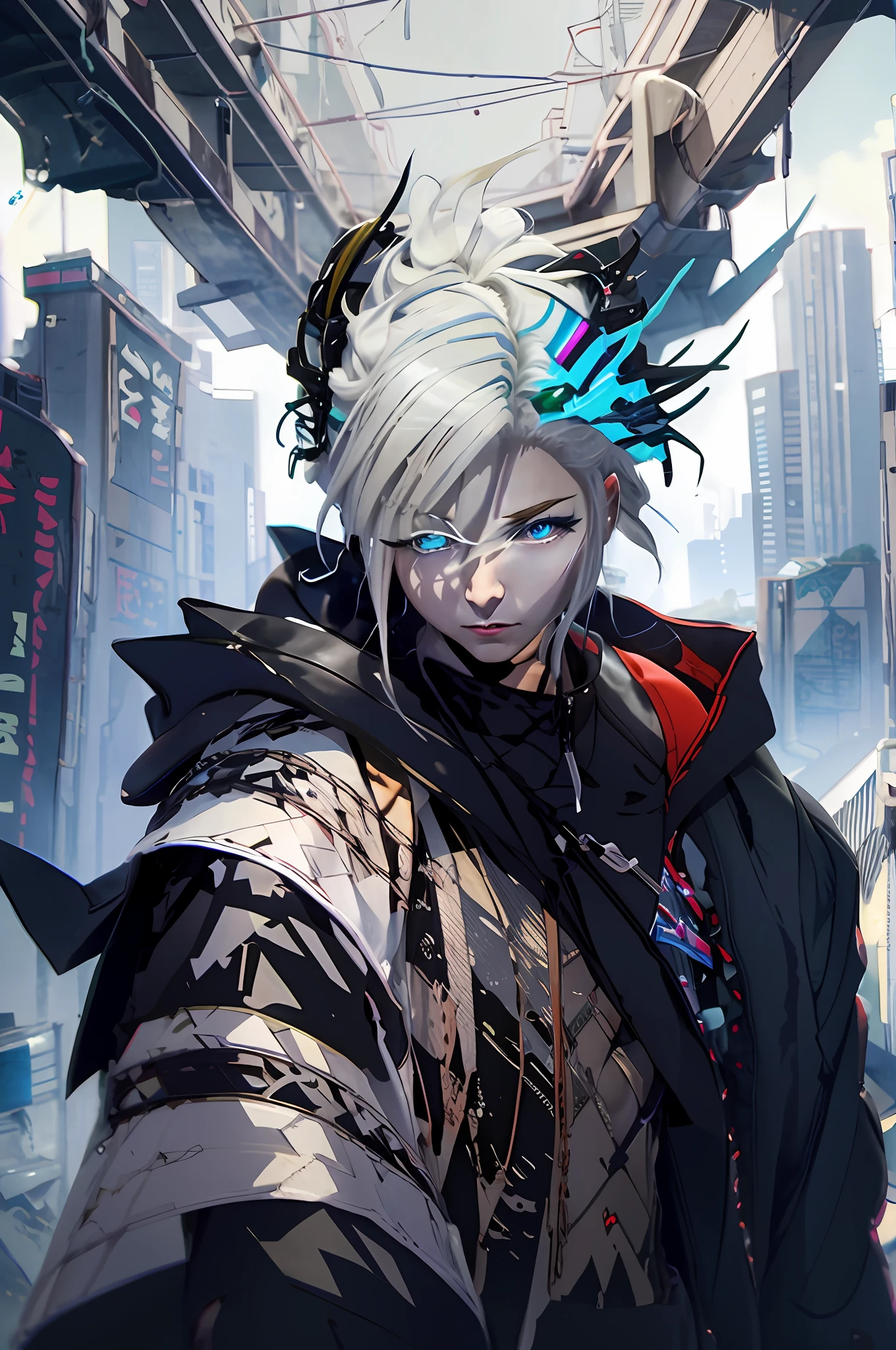 anime character with white hair and blue eyes in a city, digital cyberpunk anime art, badass anime 8 k, best anime 4k konachan wallpaper, anime style 4 k, digital cyberpunk - anime art, anime art wallpaper 8 k, anime wallpaper 4 k, anime wallpaper 4k, anime art wallpaper 4k, anime art wallpaper 4 k, anime cyberpunk art