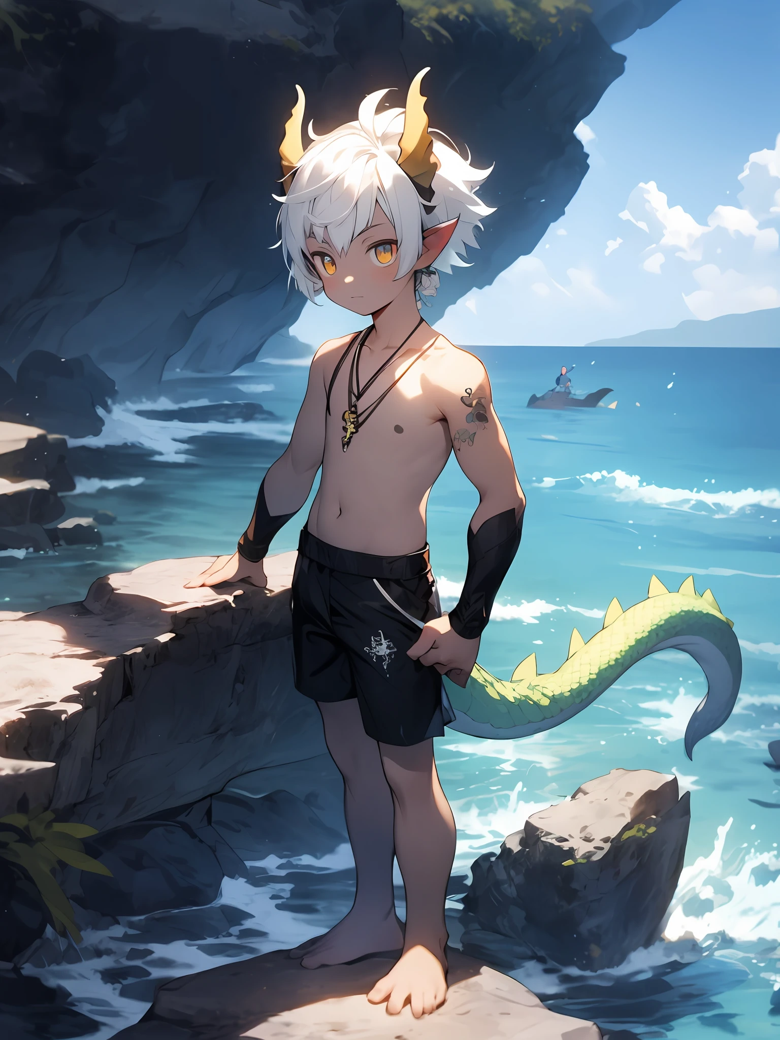 anime - style image of a young boy standing on a rock in front of the ocean, concept art by Shitao, Pisif, trending on artstation pixiv, Guviz-style artwork, lalafell, Guviz, Guweiz on ArtStation Pixiv, young male anthro dragon，White scales，White hair，Close-up photos，（Slightly fat）