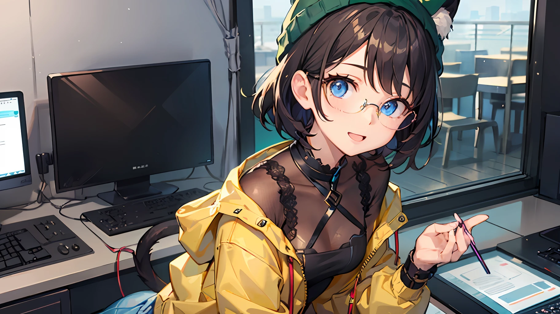 masutepiece, Best quality, killjoy、valorant、killjoy、 green beanie, Round glasses, Yellow jacket, gray shirt, Belt, Black pants, Upper body, computers, circuitry, Robots, Looking at Viewer, ((beste-Qualit))、((a masterpiece of))、((ultra-definition))、(illustratio)、(Fine light)、(Extremely delicate and beautiful)、(((独奏)))、1 girl in、(((beautiful a girl)))、opened mouth、Tremendous smile、(dark-haired), (Black cat ears), (Ahoge), (absurdly short hair), (Maeby Hair), (Blue eyes)、mideum breasts、fullllbody、