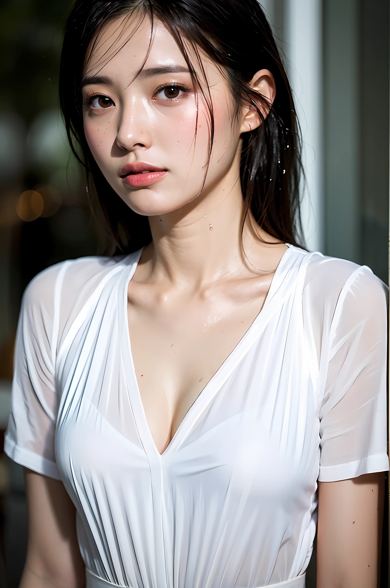 Wet in heavy rain and drenched all over the body、dripping with water、Hair is wet、Clothes are sheer、
