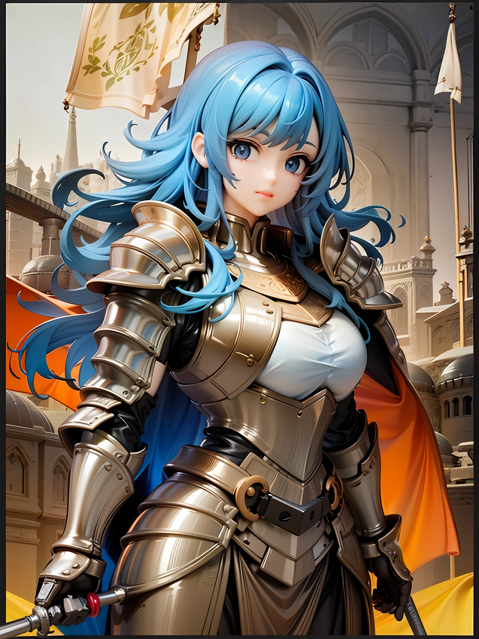 female knight, vivid colors, metallic, exquisite armor, large banner, beautiful face, standing atop stone fort tower, detailed armor design, brightly colored hair, brightly colored eyes, holding banner, stone fort tower,