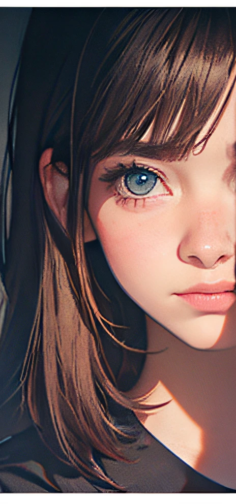 The Masterpiece, beste Quality, (dark photo: 1.3), photo-realistic, 1 girl, flat bangs, Stunning innocent symmetrical face, shirt, emotional,