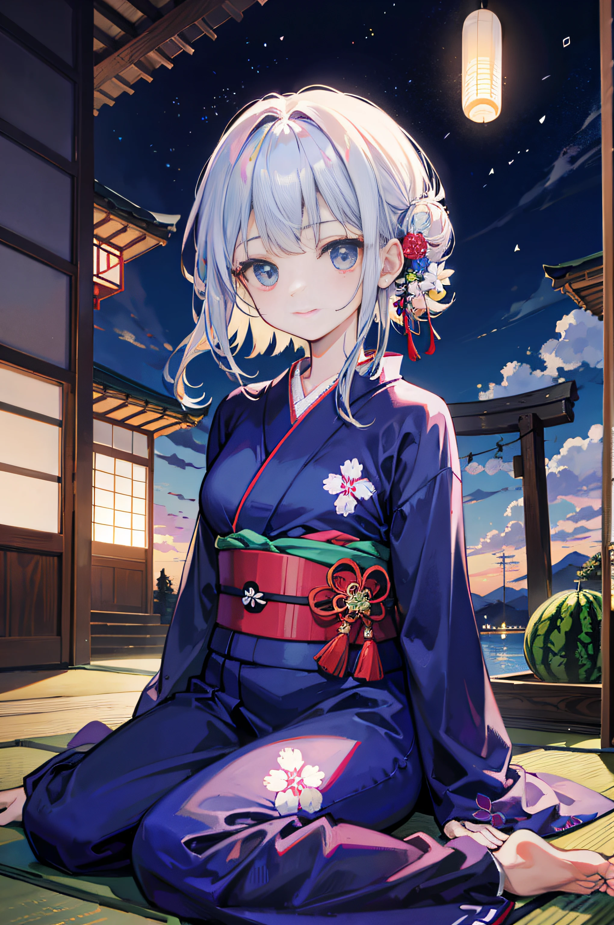 (a masterpiece of、beste-Qualit:1.2)、ultra hyper-detailed、lighting like a movie、(((Beautiful woman sitting on the porch)))、A smile、woman wearing the kimono, bath robe, classy yukata clothing, Wearing a colorful yukata, in a kimono, Wearing a kimono, japanese kimono, in a kimono, Komono, wearing a haori, Dark blue yukata with morning glory pattern, A Japanese style, Wearing kimono,mosquito coil、watermelons、wind chime、