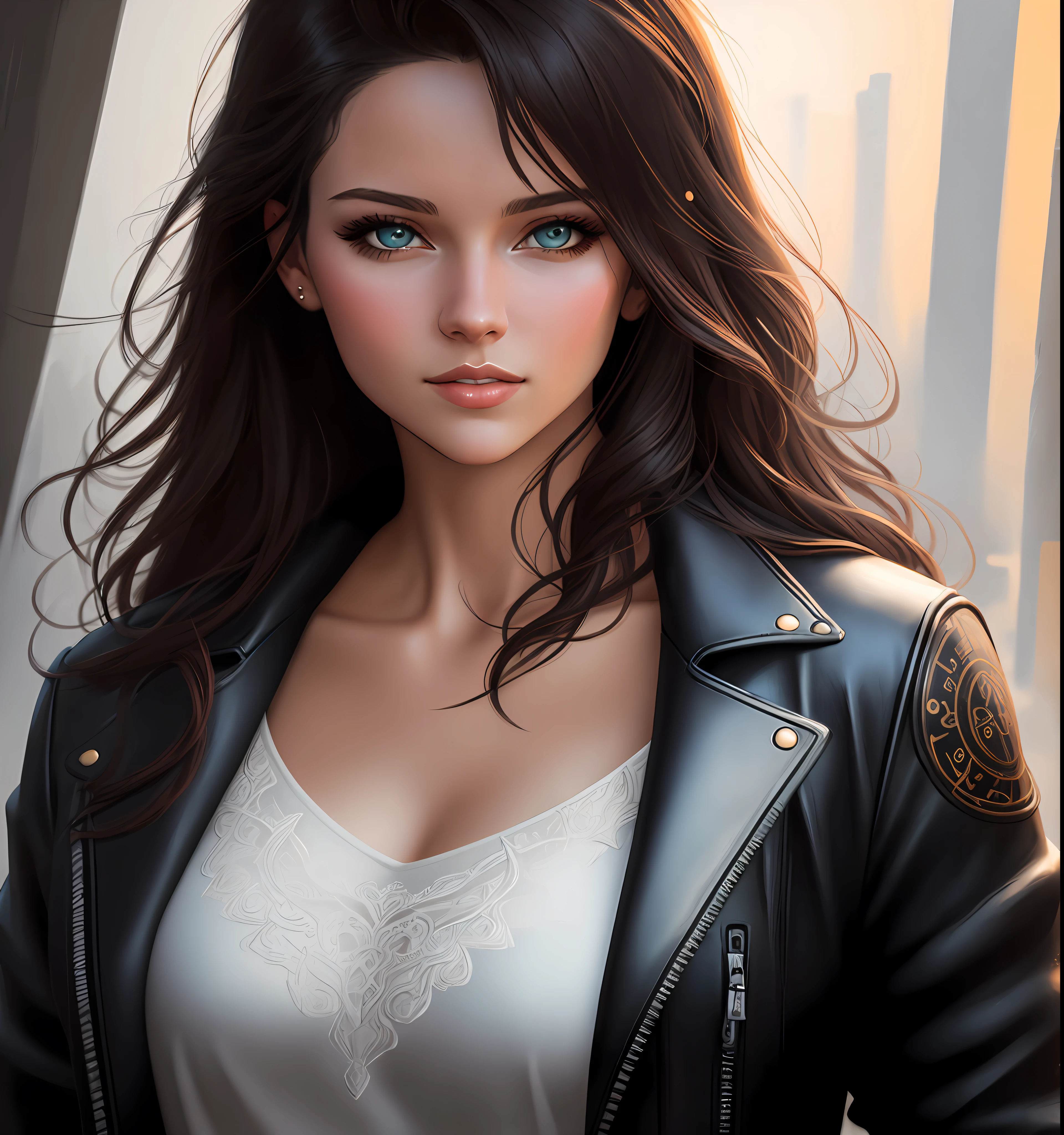 photorealism, half body portrait of a young woman, 20 years old. beautiful realistic eyes; fantastic face, Caucasian, beautiful look, leather jacket, Michael Garmash, Daniel F Gerhartz, Storybook style, warm dreamy lighting, white background, volumetric lighting, pulp adventure style, fluid acrylic, dynamic gradients, vivid color, illustration, highly detailed vector curves, simple, smooth and clean, vector art, smooth, Johan Grenier, character design, 3d shading, cinematic, ornate patterns, elegant organic framing, hyperrealism, posterized, collection of masterpieces, lush vivid colors, twilight, wet gouache