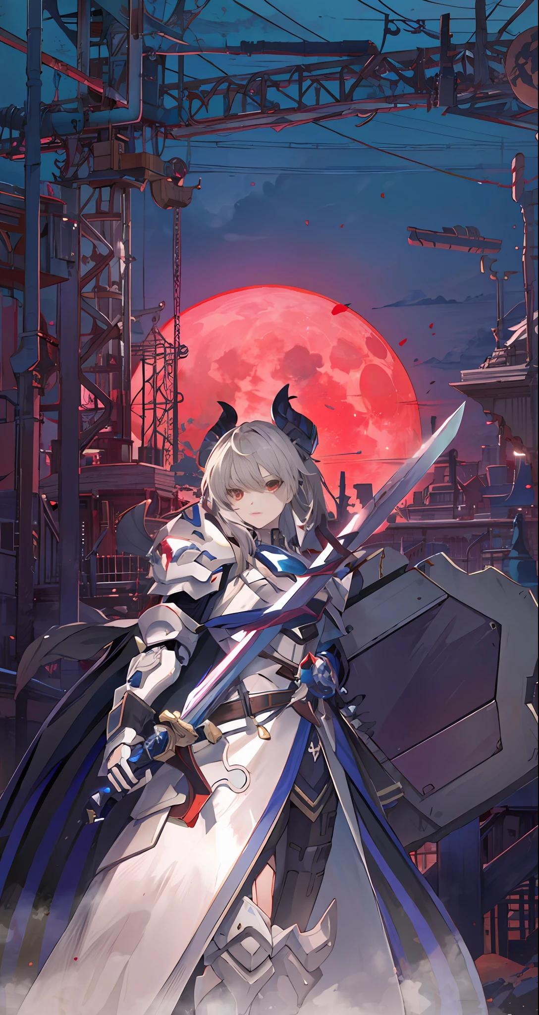anime character with sword and shield in front of a red moon,Demon Man,high detailed official artwork,Destiny Big Order style,Shadow poetry,anime mecha aesthetic,crisp clear rpg portrait,Artoria Pendragon,Cerberus,fate style。