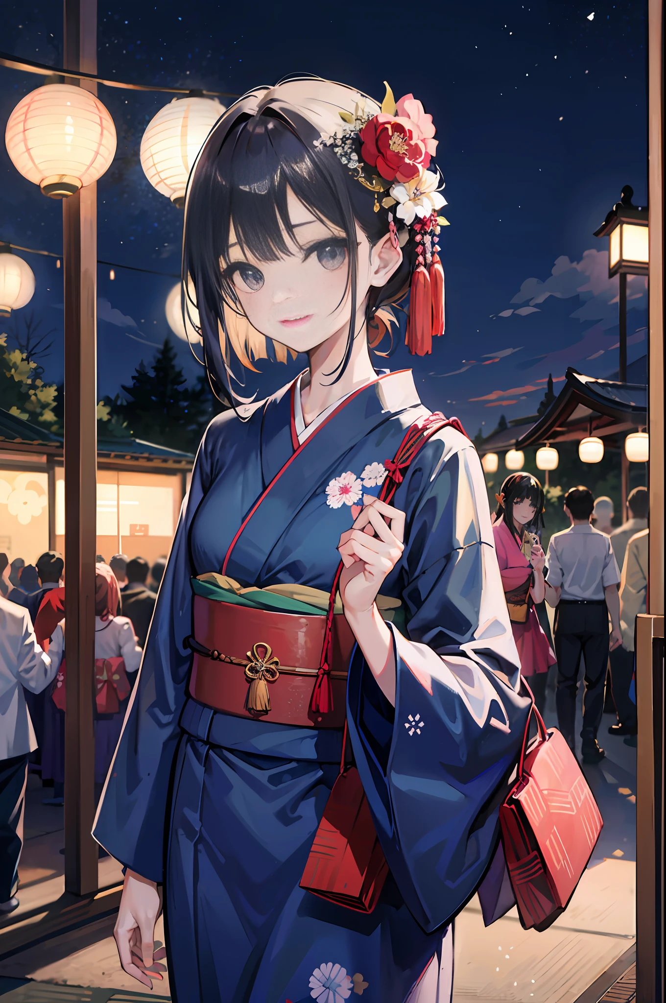(a masterpiece of、beste-Qualit:1.2)、ultra hyper-detailed、lighting like a movie、(((Beautiful woman going out to summer festival)))、fair、A smile、woman wearing the kimono, bath robe, classy yukata clothing, Wearing a colorful yukata, in a kimono, Wearing a kimono, japanese kimono, in a kimono, Komono, wearing a haori, Dark blue yukata with morning glory pattern, A Japanese style, Wearing kimono,paper lanterns、Store、Crowds、