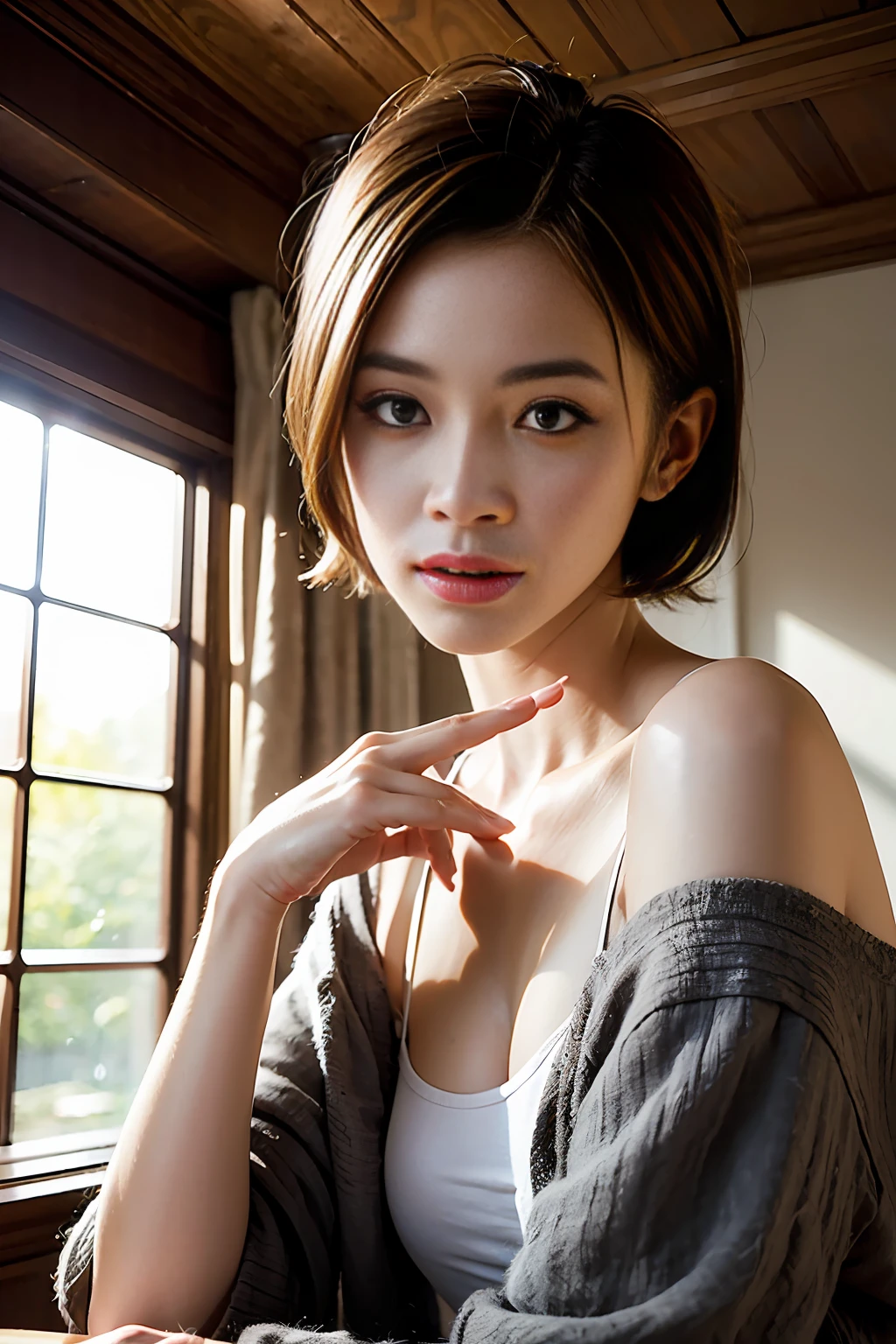 (RAW Photography、beste-Qualit)、(realisitic、a photorealistic:1.3)、beste-Qualit、extemely detailed、a masterpiece of、ultra hyper-detailed、Moisturized and shiny white skin、1girl、upper_body、dinamic angle、world masterpiece theater、Short hairstyle of the mode system、beste-Qualit、very detailed CG Unity 8K wallpapers、inky、Sexy Model Pose、splendid、lighting like a movie、lens_flare、