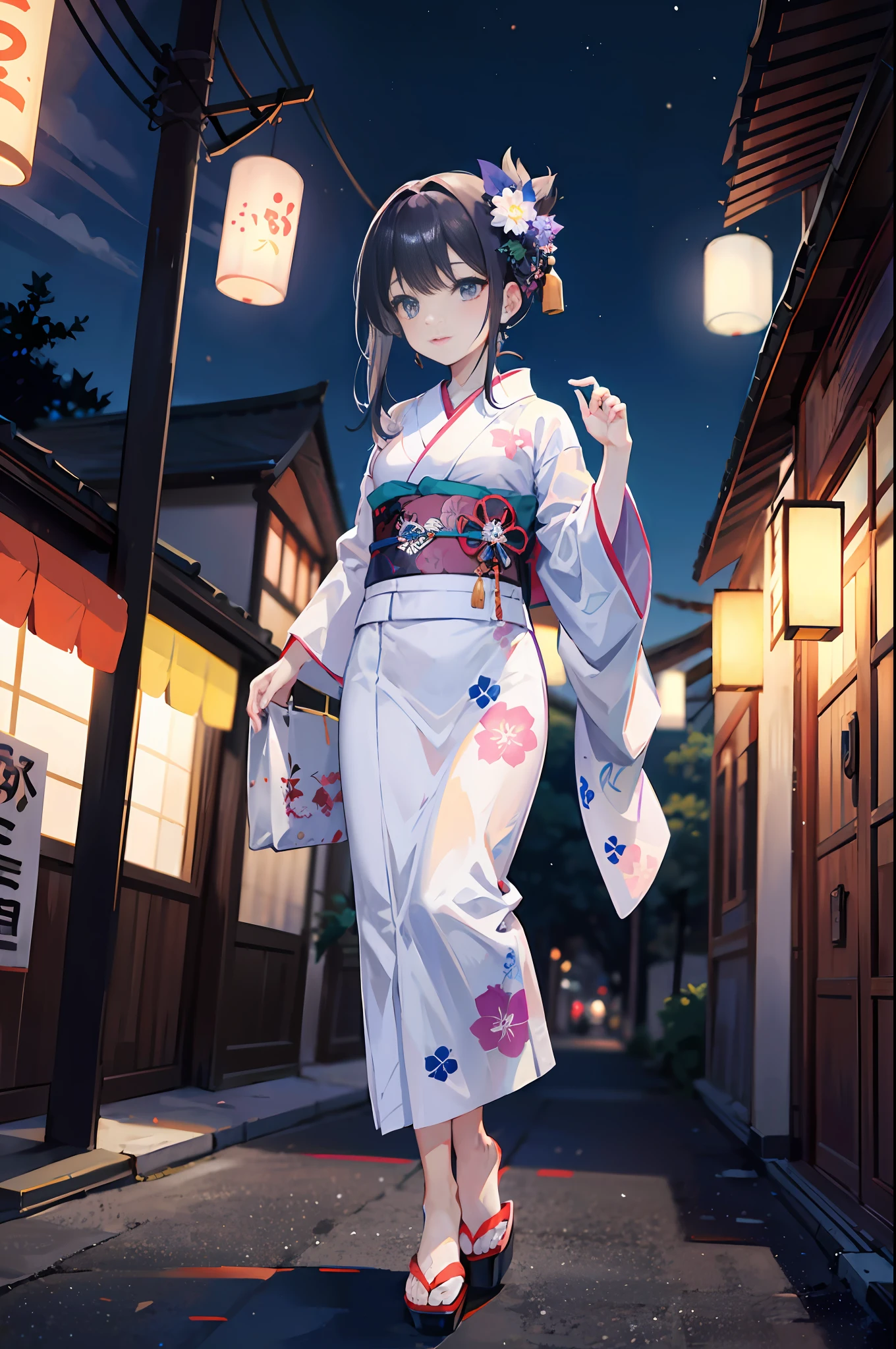 (a masterpiece of、beste-Qualit:1.2)、ultra hyper-detailed、lighting like a movie、(((Beautiful woman going out to summer festival)))、fair、A smile、woman wearing the kimono, bath robe, classy yukata clothing, Wearing a colorful yukata, in a kimono, Wearing a kimono, japanese kimono, in a kimono, Komono, wearing a haori, Dark blue yukata with morning glory pattern, A Japanese style, Wearing kimono,paper lanterns、Store、Crowds、
