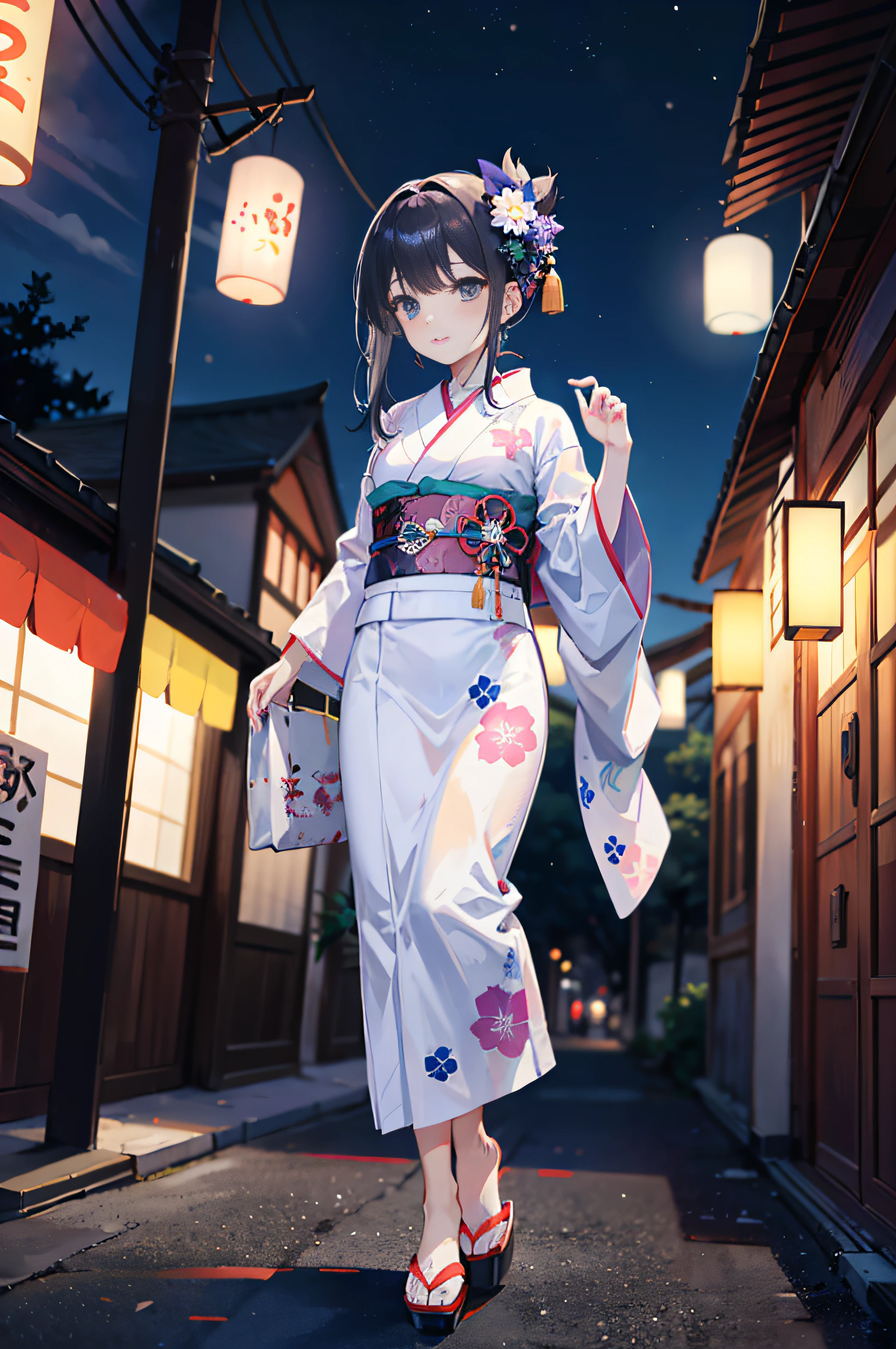 (a masterpiece of、beste-Qualit:1.2)、ultra hyper-detailed、lighting like a movie、(((Beautiful woman going out to summer festival)))、fair、A smile、woman wearing the kimono, bath robe, classy yukata clothing, Wearing a colorful yukata, in a kimono, Wearing a kimono, japanese kimono, in a kimono, Komono, wearing a haori, Dark blue yukata with morning glory pattern, A Japanese style, Wearing kimono,paper lanterns、Store、Crowds、