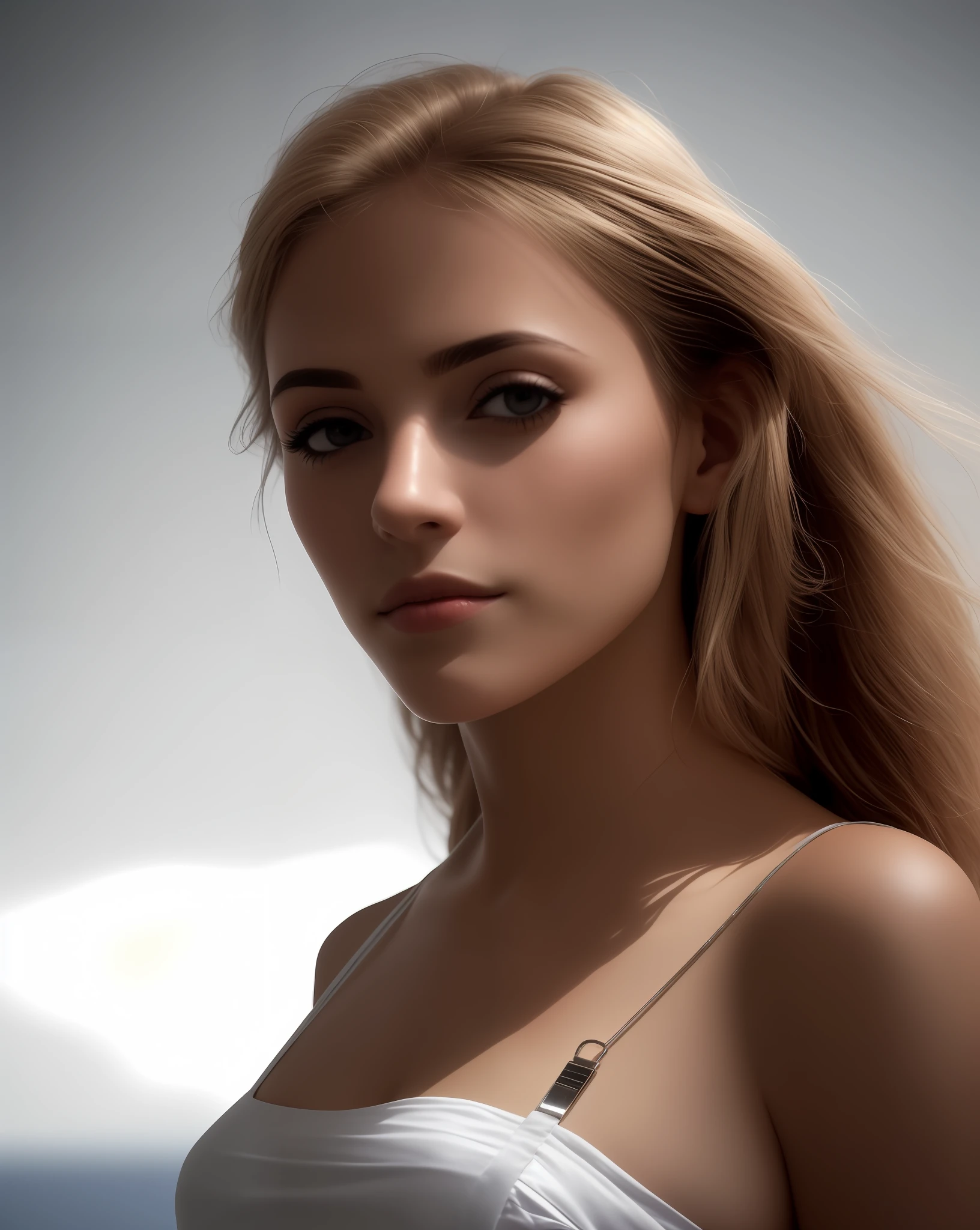 "Produza uma fotografia hiper-realista retratando uma mulher deslumbrante, Loire, no estilo ocidental, com um toque surreal, detalhada e sensual. The image should show the delicate straps of the dress sliding gently down the shoulder, com os cachos do cabelo caindo nas pontas. Procure criar uma obra-prima de alta qualidade, with attention to shadow detail in an incredibly balanced way. A fotografia deve ser um close-up extremo, color splash, retratando uma mulher ao ar livre, sob o sol. Utilize uma lente 24mm TV Nikon Z FX para obter o efeito desejado."