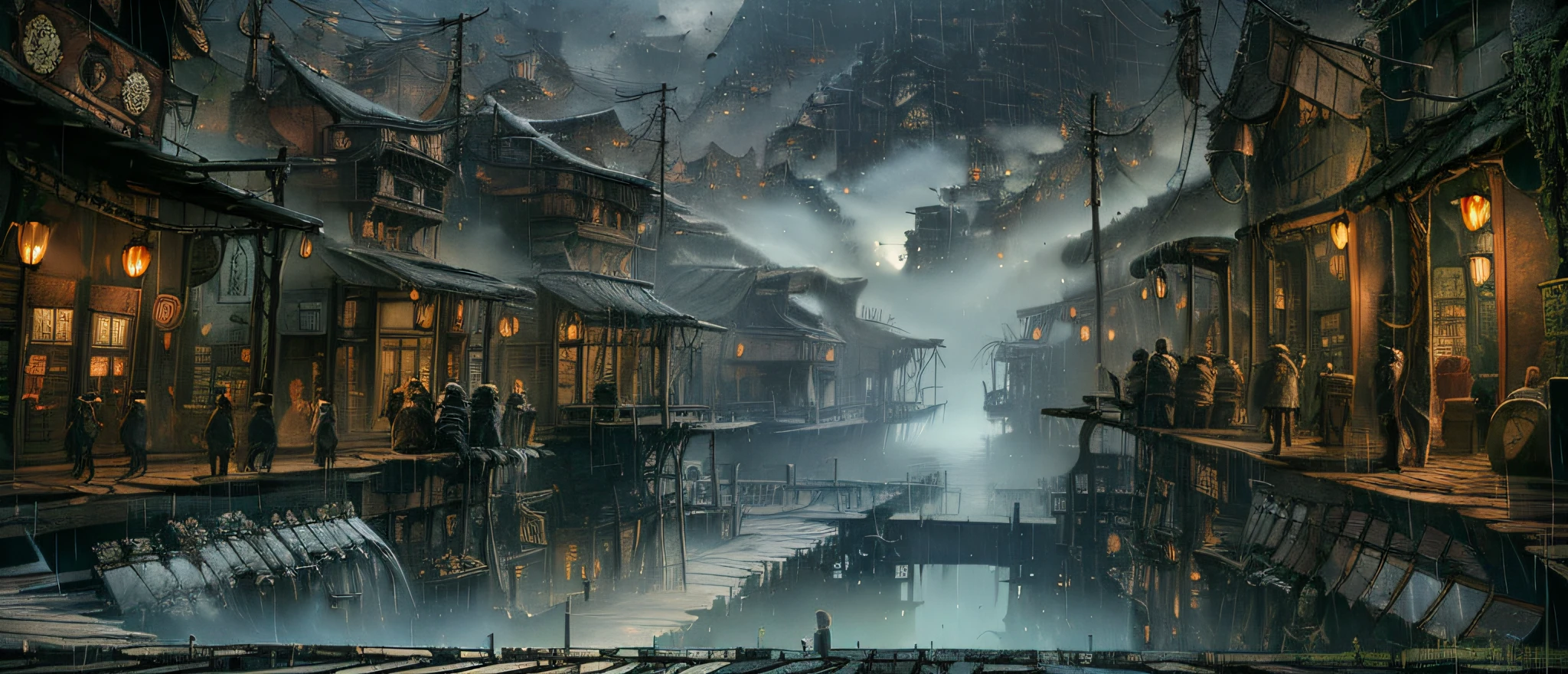 jpn、Urban design of Sidmead、Low-rise buildings、the chaos、Complex and high-definition、bladerunner、Ridley Scott's visual expression、Futuristic cities、nightscape、rainy day、Walking people々