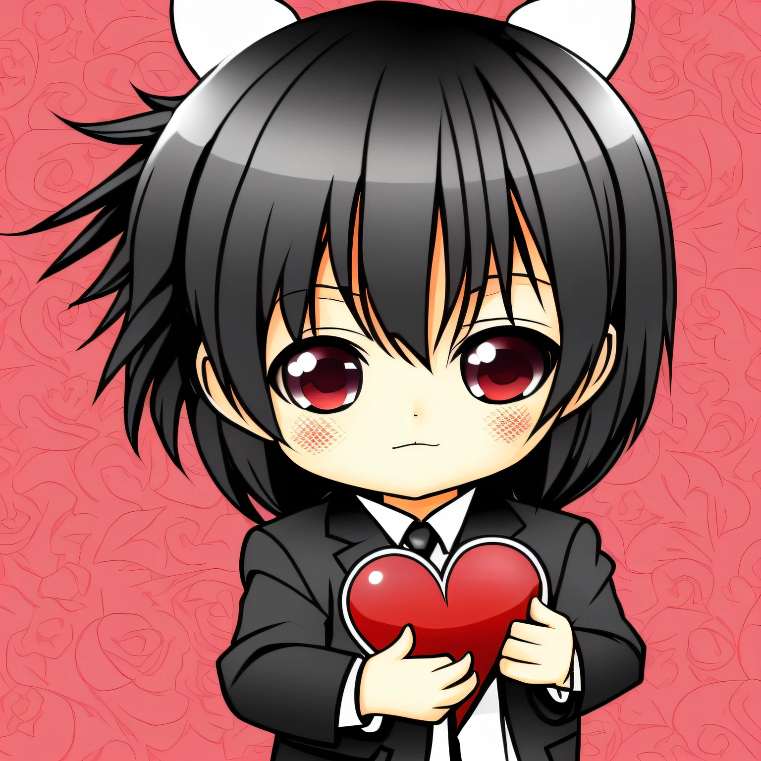 kurosaki bankai ichigo cartoon, Chibi, roupa preta e vermelha, ((Holding a heart)), Heart in hand, feliz