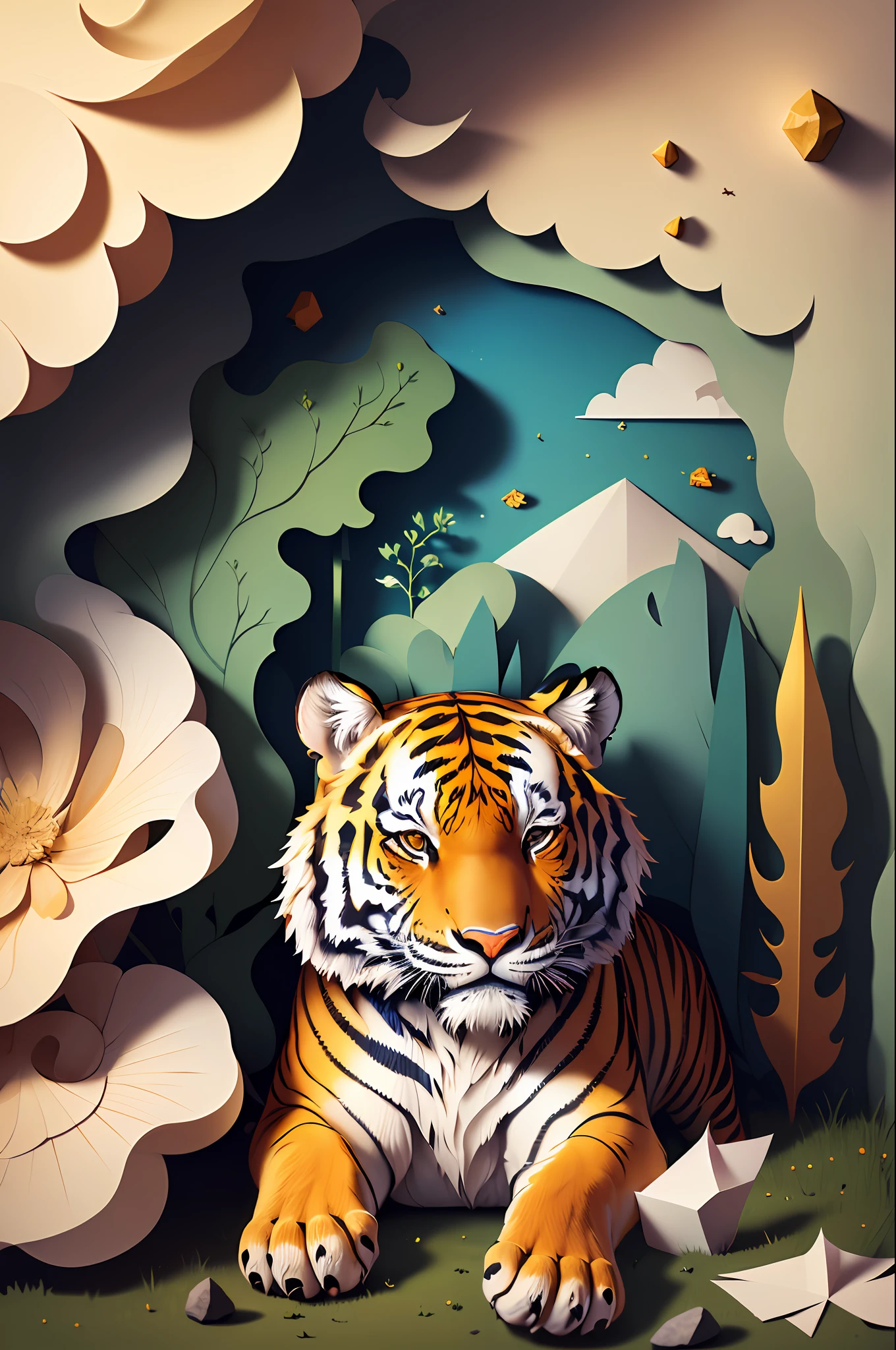 (((masterpiece))),bestquality,illustration,beautifuldetailedglow,
paper_cut, tiger,pines,stone,grass,tree