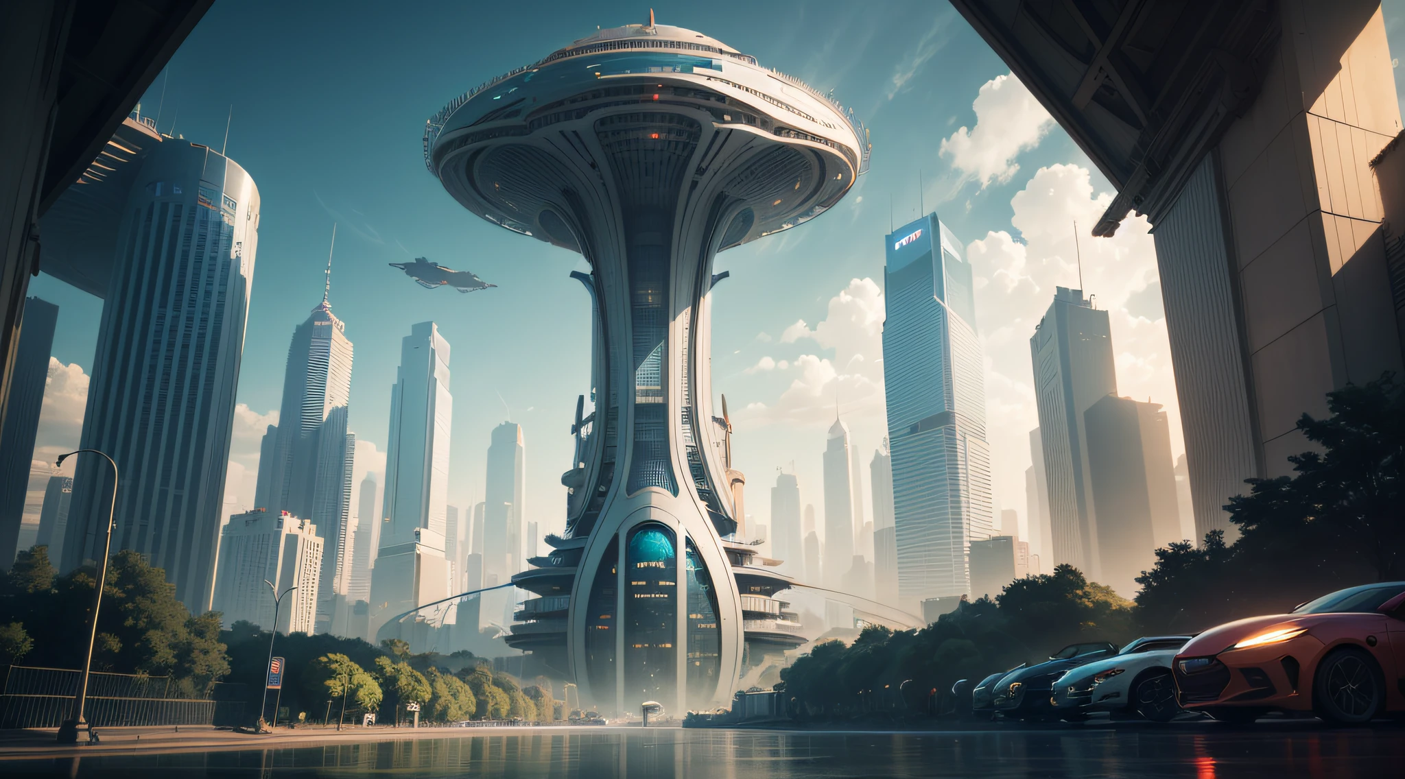 This themed building is an X-shaped building with a sense of technology,Futuristic,On top of the building there are flying cars taking off,The exterior of the building has the word "Xiaopeng"
