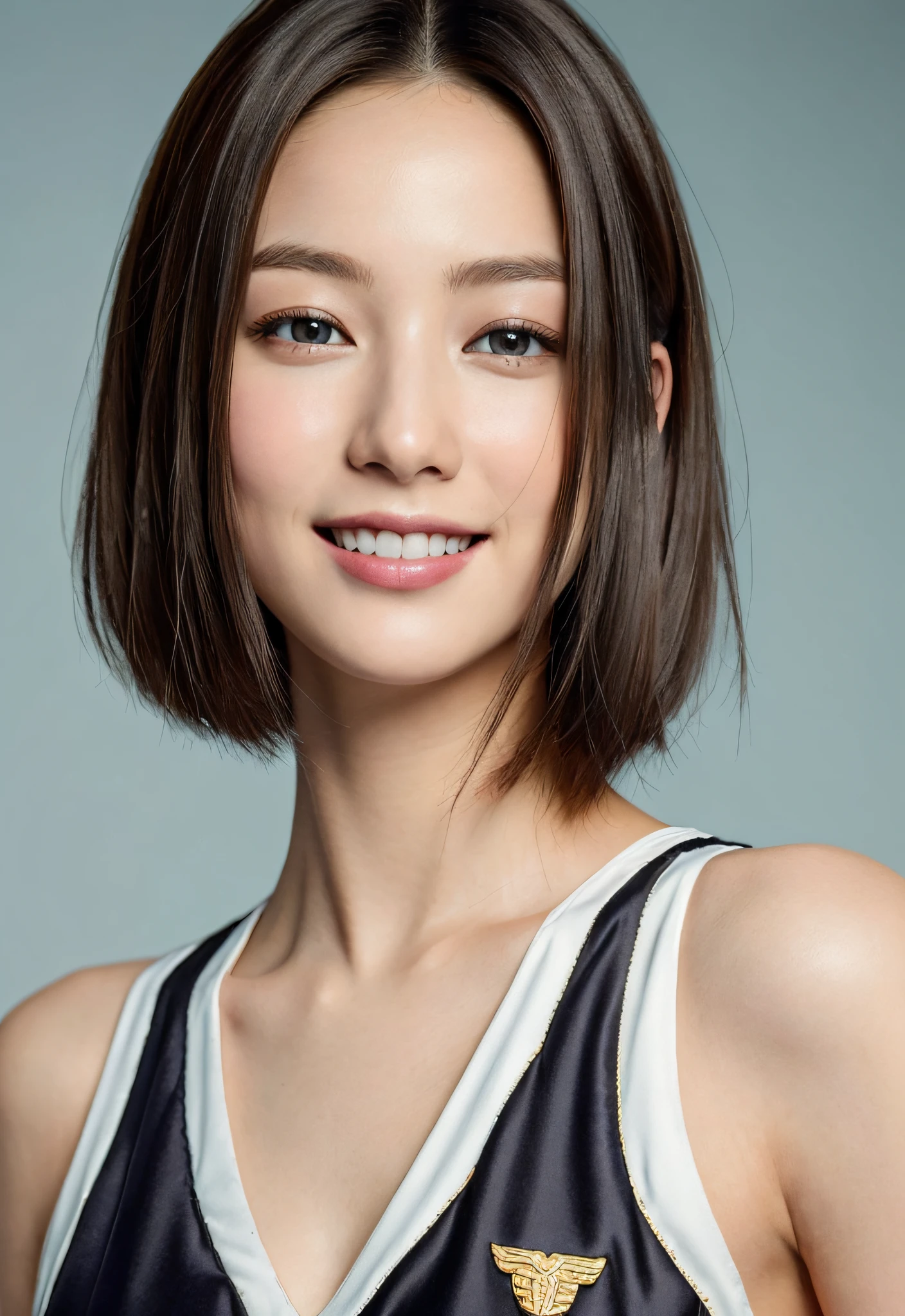 (a masterpiece of:1.3), (8K, a photorealistic, Raw photography, Top image quality: 1.4), Face Close-up、portraitures、japanes, (1 45 year old girl), beauitful face, (Lifelike face), (dark-haired, short-hair:1.3), Beautiful hairstyle, Realistic eyes, Beautiful eyes, (real-looking-skin), Beautiful skin, enticing, Super-High Resolution, A hyper-realistic, high-detail, the golden ratio, Detal Face,see the beholder,A smile,Race Queen Uniform,middlebreasts,
