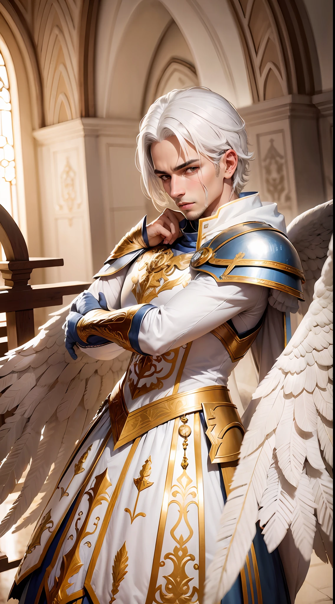 Homem guerreiro, medium white hair, na altura dos ombros, olhos azuis, usando um grande manto branco cobrindo uma armadura dourada, conhecido como o Anjo do Gelo, olhar confiante, poderes de gelo,