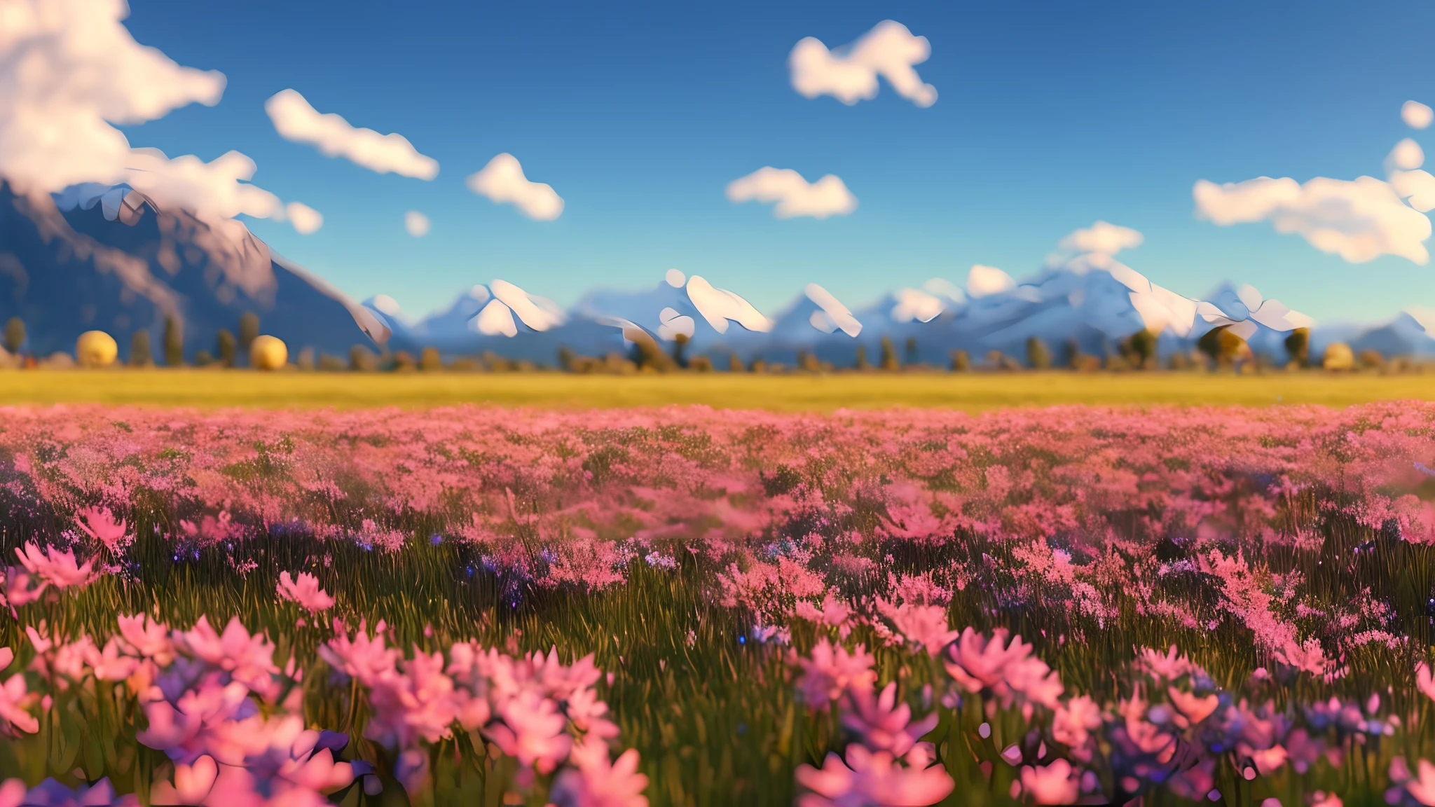 Summer, meadows, few small flowers, clear lakes, sheep, heaven, large clouds, blue sky, hot weather, HD detail, wet watermark, hyper-detail, cinematic, surrealism, soft light, deep field focus bokeh, distant view is snowy mountains, ray tracing, and surrealism. --v6