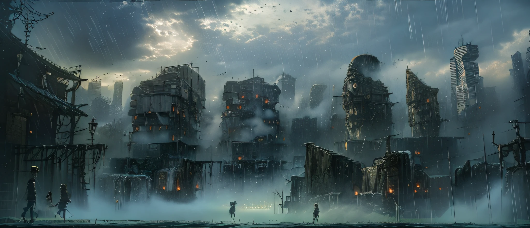 jpn、Urban design of Sidmead、Low-rise buildings、the chaos、Complex and high-definition、bladerunner、Ridley Scott's visual expression、Futuristic cities、nightscape、rainy day、Walking people々