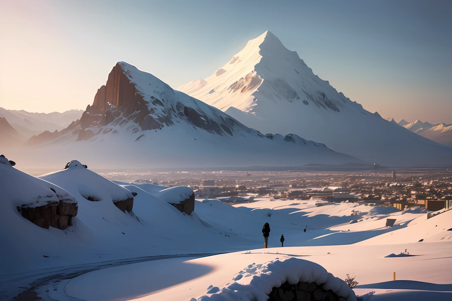 local nevado com uma cidade futurista aparecendo no horizonte