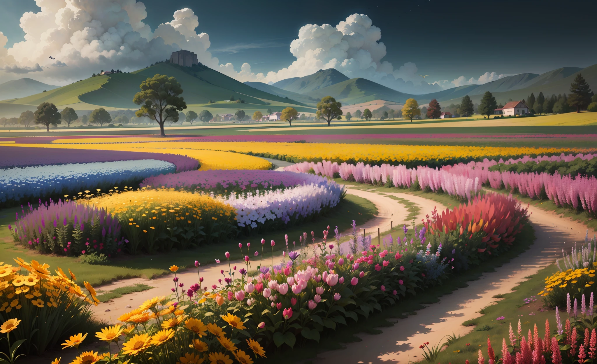 There is a realistic painting of a field of flowers with a bird flying in the sky, Campo de flores de fantasia, pintura de campo de cores. 8k, campos de flores, Arte digital altamente detalhada em 4k, Arte bonita UHD 4K, pintura digital bonita, Campo de flores, uma bela paisagem, Campo de flores, campo de fundo das flores, ambiente floral, paisagem campestre anime