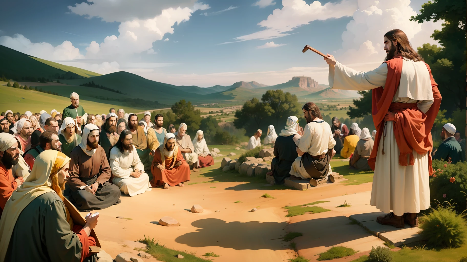 Jesus in the midst of the disciples, bible illustration, epic biblical representation, imagem super realista, cinematiclighting, beautiful depiction, Realistic, 4k, HDR