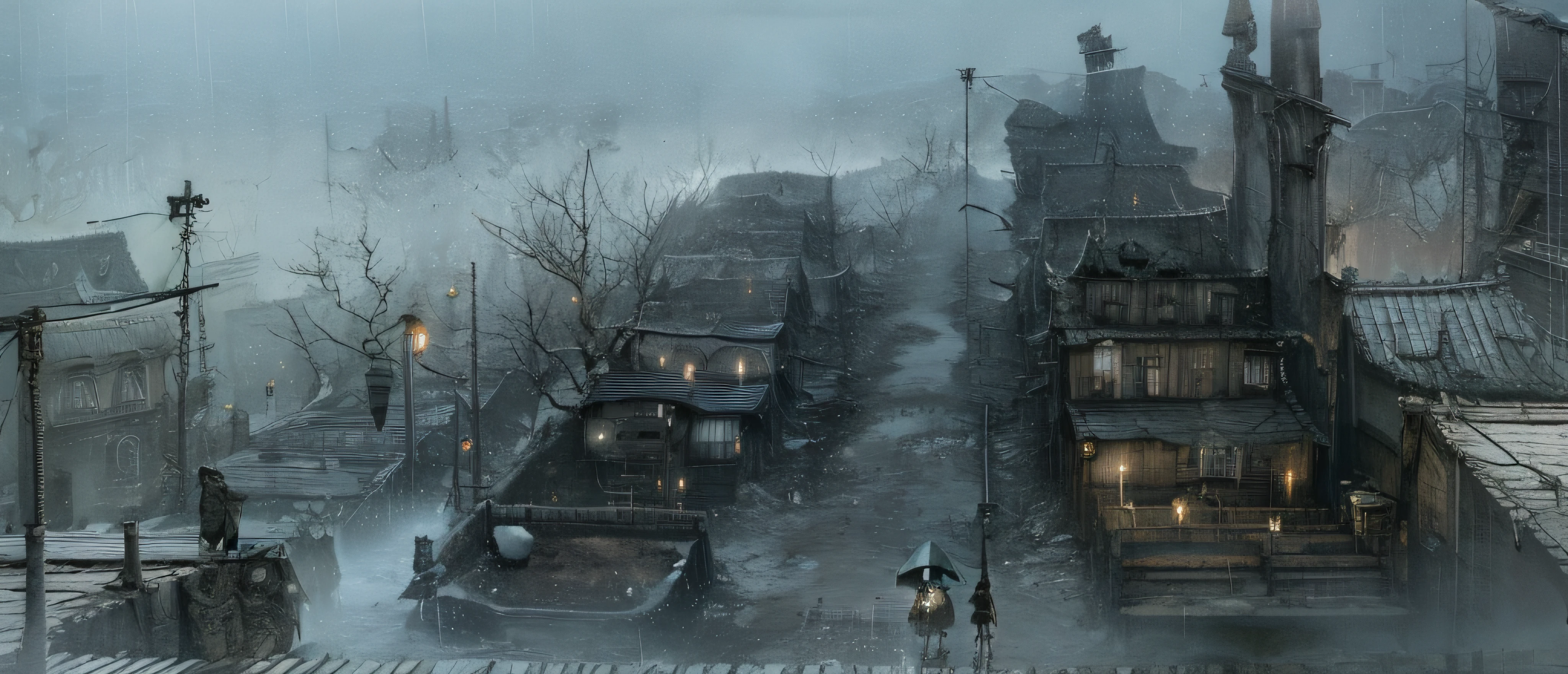 jpn、Urban design of Sidmead、Low-rise buildings、the chaos、Complex and high-definition、bladerunner、Ridley Scott's visual expression、Futuristic cities、nightscape、rainy day、Walking people々