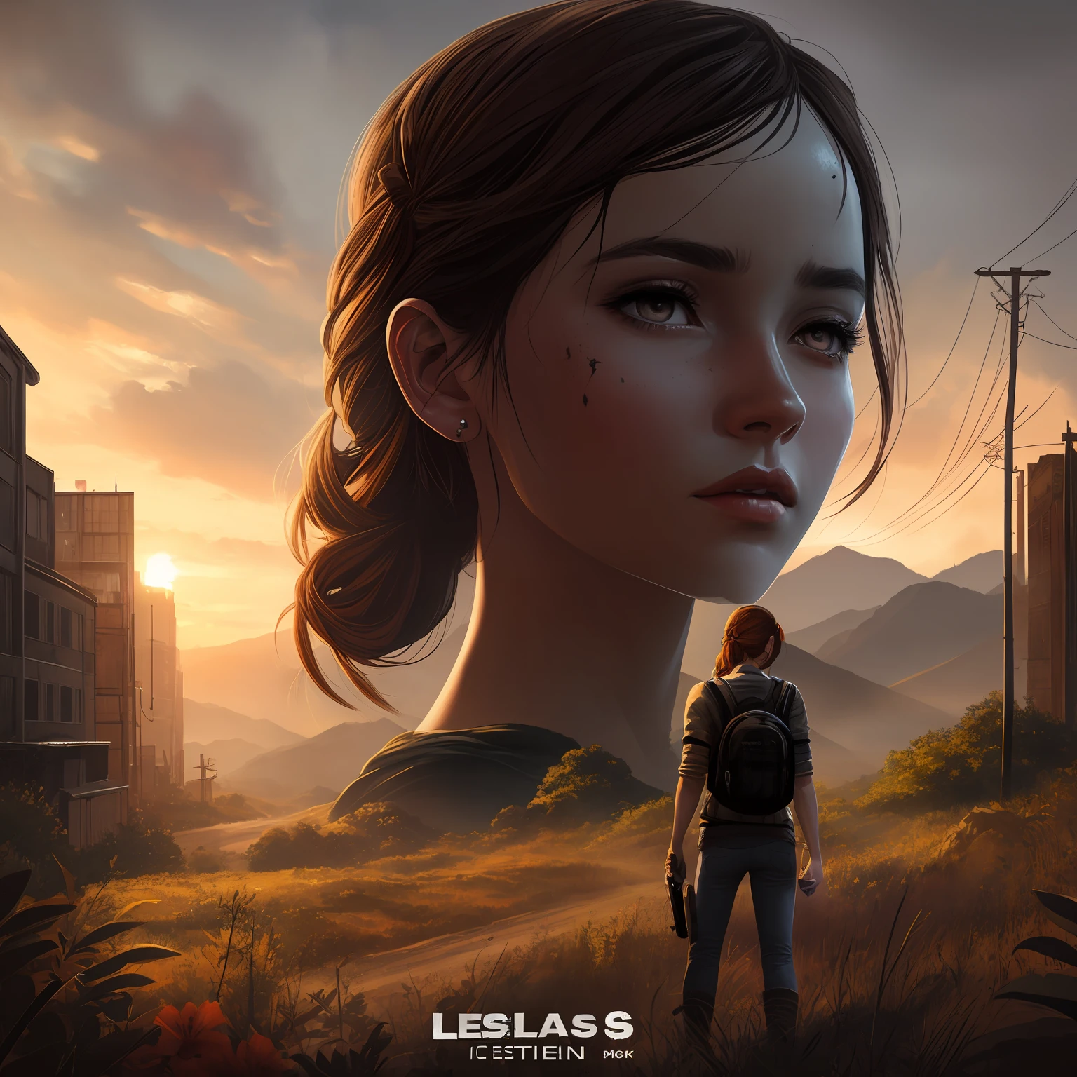 design de capa de livro, 2d illustration, Arte centralizada, fundo preto, rosto e corpo de Ellie The Last Of Us Game, em frente a cidade destruida, cores goticas, climate of tension and terror and revenge, Adobe Illustration, trending on ArtStation, 8k, disco Rigid, obra-prima, magnificent art, detalhes intrincados, -