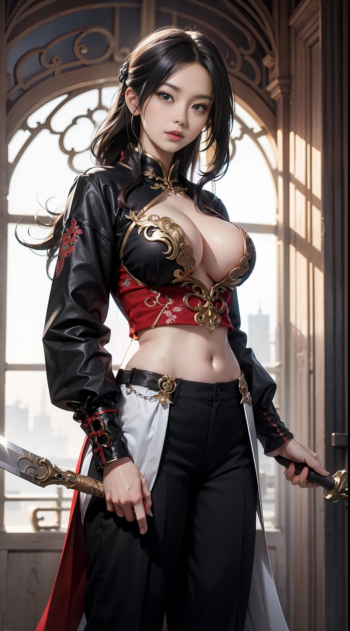 offcial art,统一 8k 壁纸,ultra detali,Beauty and aesthetics,hightquality,beatifull,a masterpiece of,the best quality,Girl Huge breasts,Chinese elements,swordsmen,simplebackground,long-sleeves,long trousers,