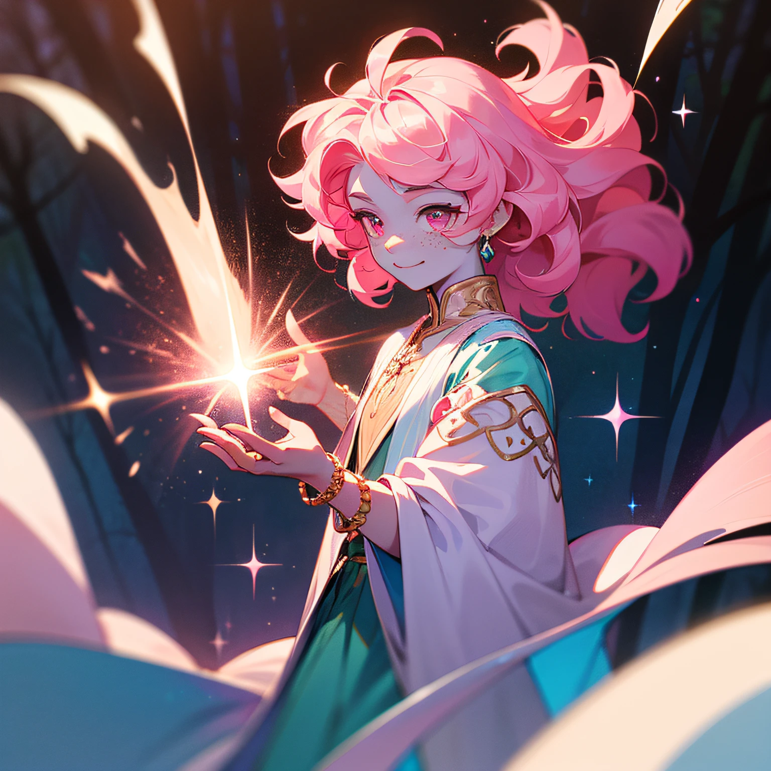 young man, light blue colored skin, light pink sparkles on skin, slim body, light pink colored hair, poofy hair, wavy hair, medium hair, four eyes, ((pink colored eyes)), smiling, one person, forest background, white colored freckles, fantasy style, magical crystals in the background, magic, holding a bracelet with glass beads, wearing fantasy clothes, patterns on clothes