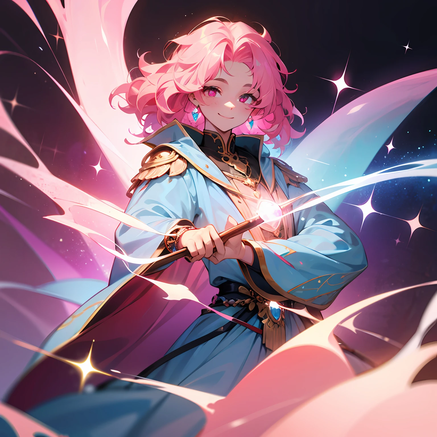 young man, light blue colored skin, light pink sparkles on skin, slim body, light pink colored hair, poofy hair, wavy hair, medium hair, four eyes, ((pink colored eyes)), smiling, one person, forest background, white colored freckles, fantasy style, magical crystals in the background, magic, holding a bracelet with glass beads, wearing fantasy clothes, patterns on clothes