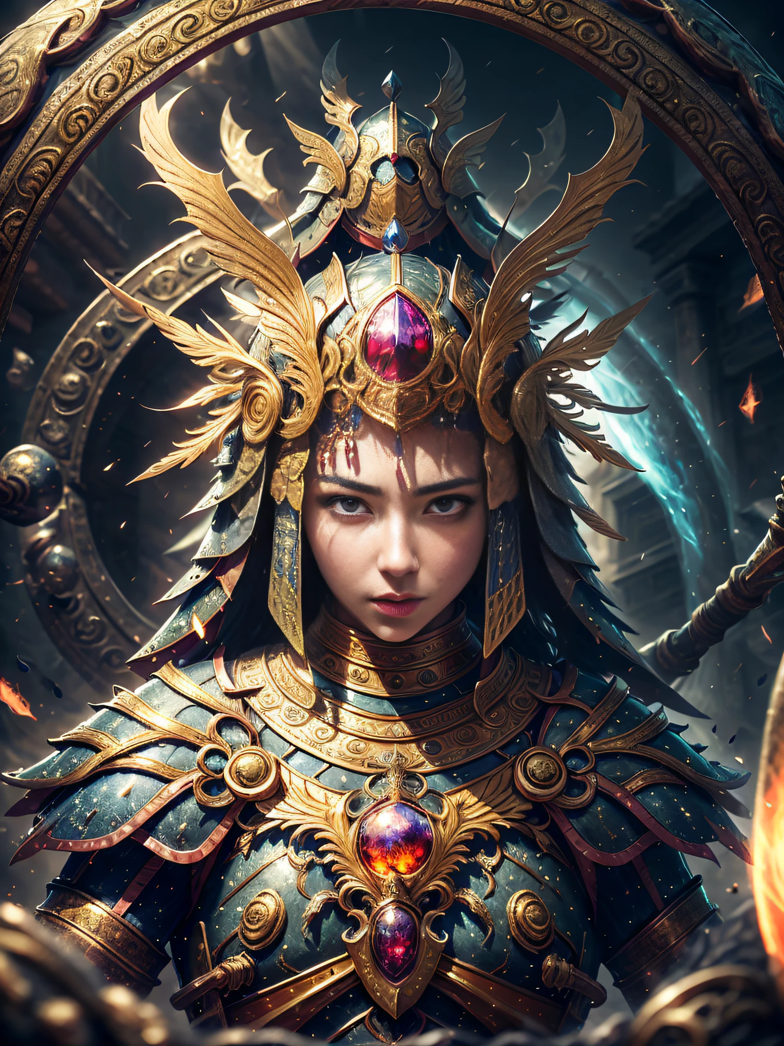 V0id3nergy,巨作,Best quality,High detail,Epic detail,hyper qualit,8K,illusory engine,Sophisticated,ultra detali,Hora de Ouro,realisticlying,highcontrast,A detailed,hyper-detailing,realistic skin textures,Best Quority,Super-High Resolution,OriginalPhoto,Dramatic lighting,Diffuse luminescent complex golden Eaba,Extremely beautiful adult woman,A beautiful face,Spears and shields,