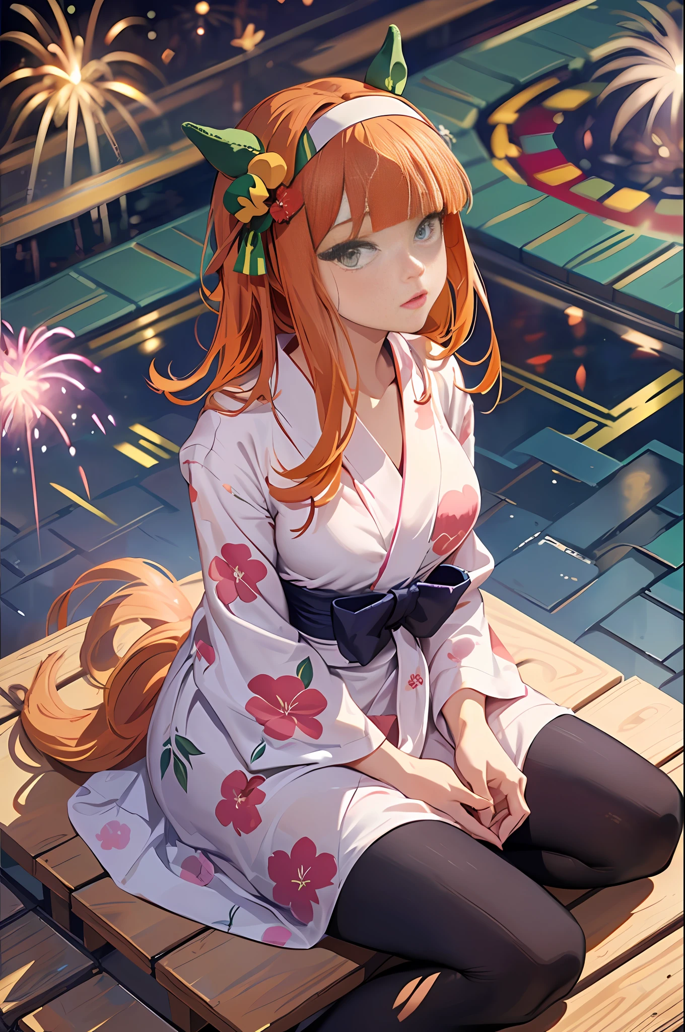 Masterpiece, top quality, high resolution, silence suzuka \(umamusume\), small breasts, lips, lipstick, (pink floral yukata, geta), ((looking at viewer, from above, front view, close-up shot)):1.2, (bust-up:1.3), (looking up:1.5), (sitting, leaning forward:1.4), arms behind back, fireworks on the background,