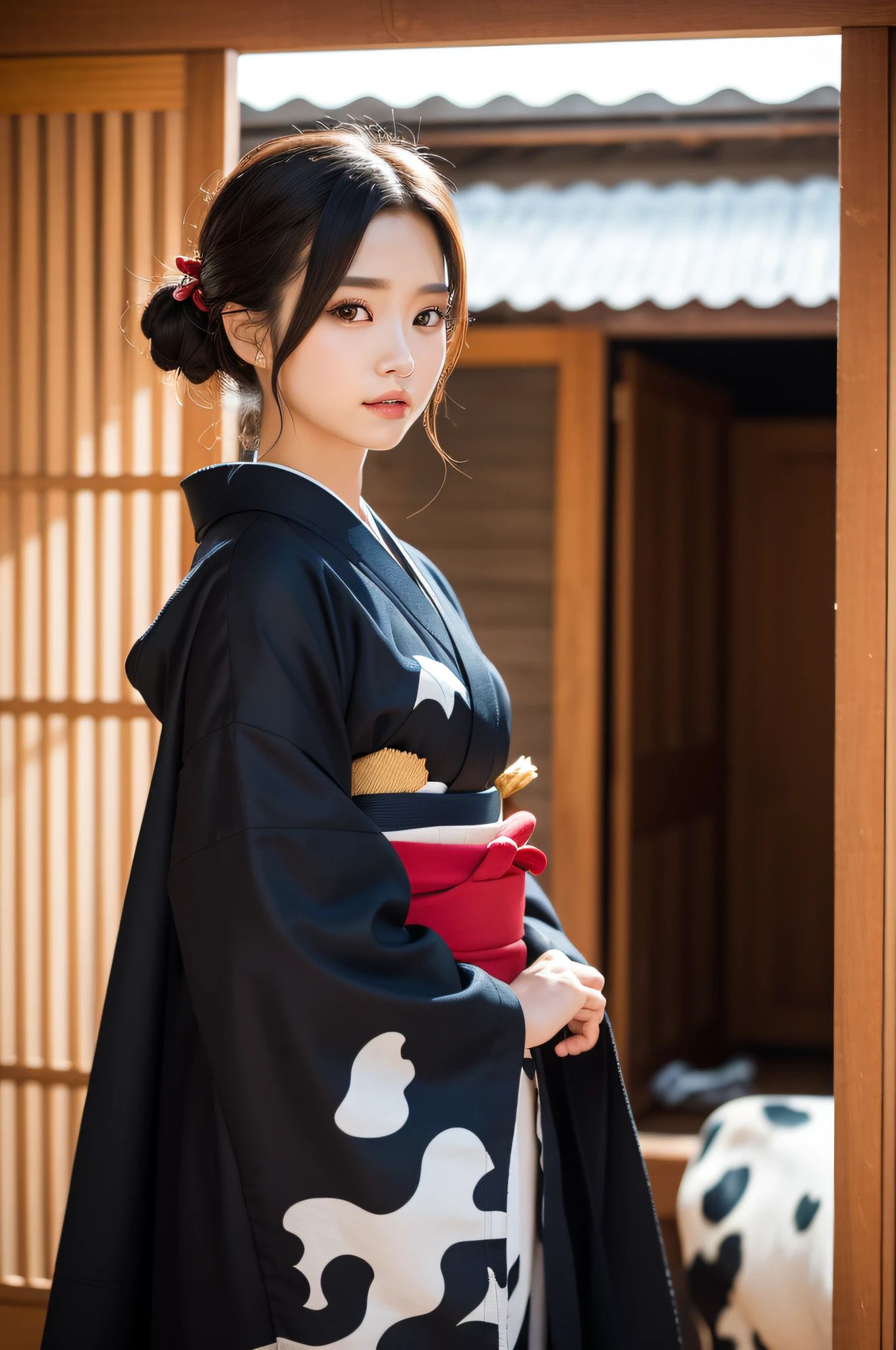 ((beste-Qualit、8K、a masterpiece of:1.3))、foco nítido:1.2、(ultra beautiful face:1.0)、(Slender Abs Beauty:1.0)、(shinny skin:1.0)、photograph realistic、Black-haired、Realistic pupils、Video Lighting、High-definition eyes and face、Video Lighting、(cow-boy shot:1.3)、(Kimono、Hakama、obi:1.4)、(Korean Cute Actress)、Traditional kimono、from the front side、hugetits、gentle