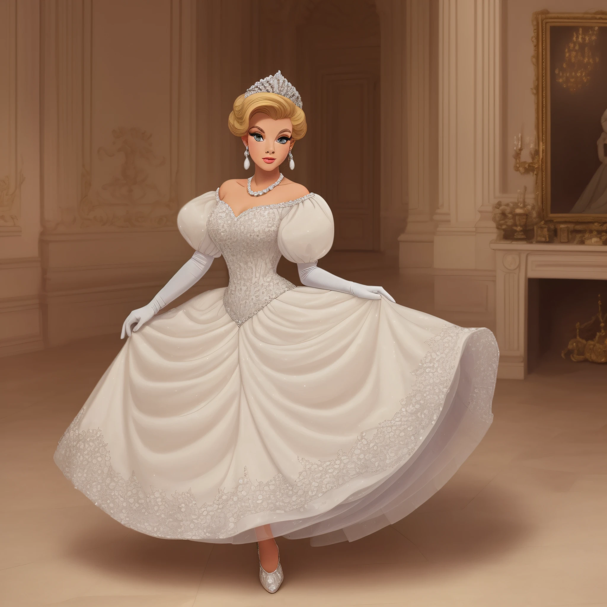 50s Princess art style, Portrait of a stunningly beautiful blonde princess wearing A Stately Royal Cinderella Ballgown with (((enormous puffed sleeves))) and an hourglass waist, long white gloves, pearl necklace and earrings