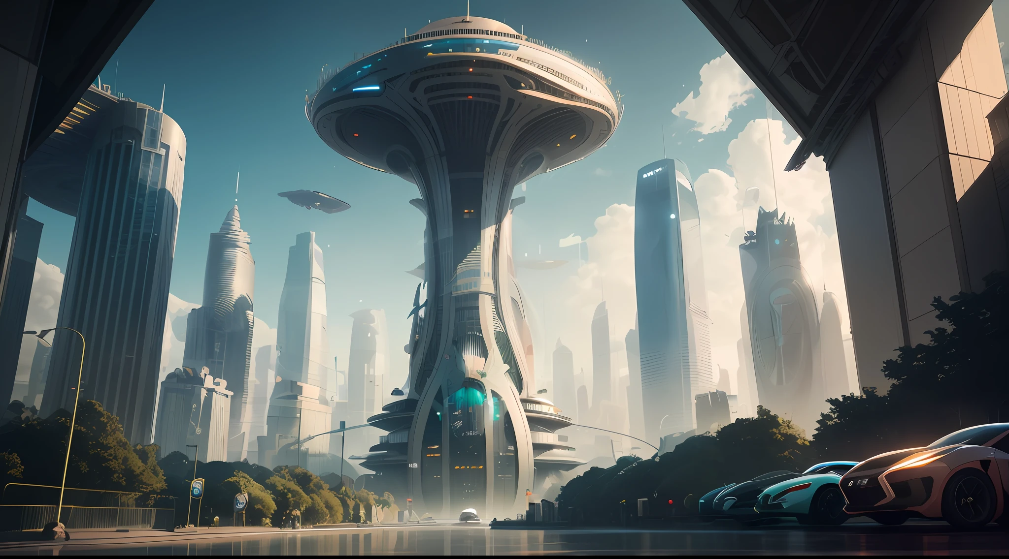 futuristic city with a futuristic tower and a futuristic car, futuristic space port, futuristic utopian city, in fantasy sci - fi city, futuristic utopia, futuristic alien city, depicted as a scifi scene, futuristic utopian metropolis, 3 d render beeple, arstation and beeple highly, alien futuristic city, sci fi city, sci fi city, Futuristic city landscape