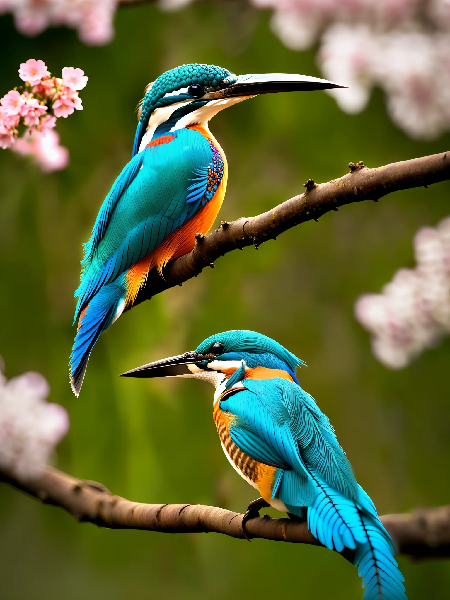 superb kingfisher on a branch near budding white cherry flowers, dark, dawn, (chilly early morning:1.1), (morning dew:1.15), realistic photography, (low-key photograph:1.2), detailed, 8k, intricate ruffled feathers, water droplets on the feathers, (to8contrast style), (mist:0.7), vivid colors, Sony a6600 Mirrorless Camera, embellish2