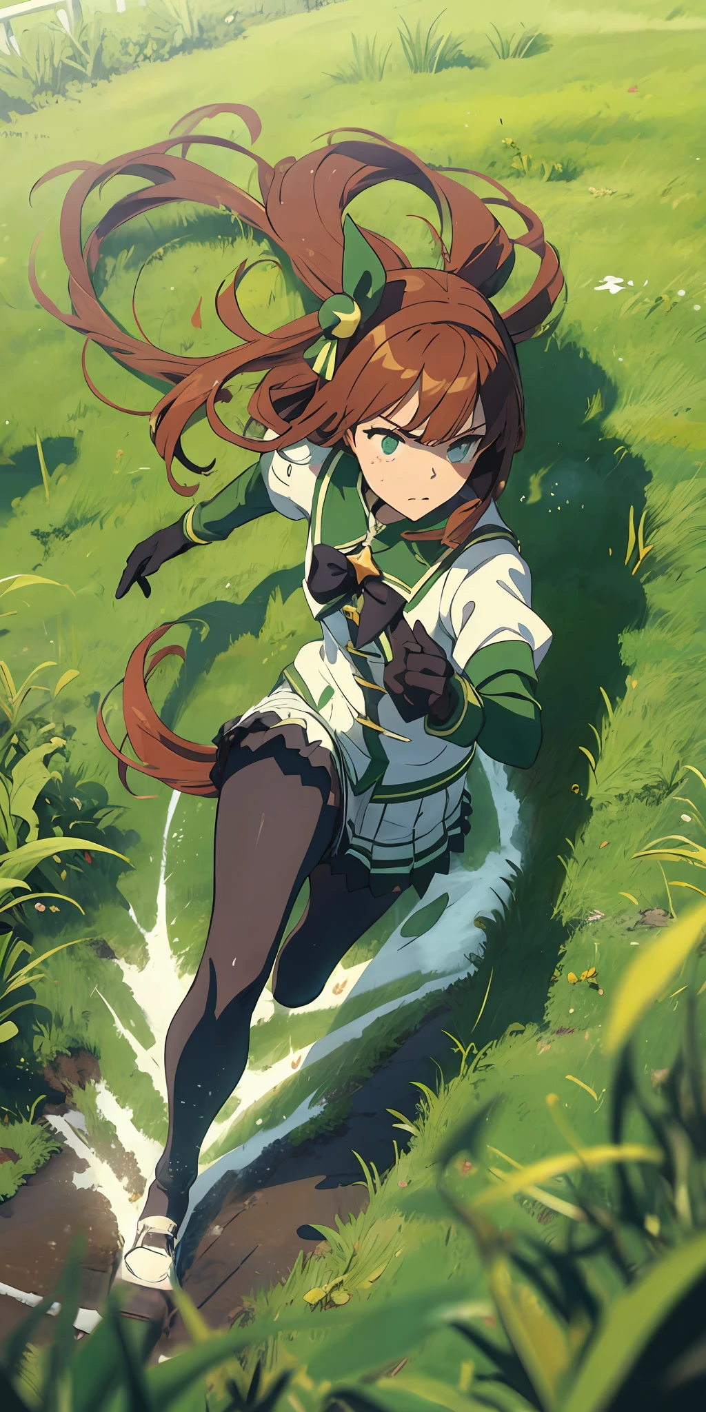 a masterpiece of、beste-Qualit、Running figures、Upper body wide angle、serious facial expression、Splattering sweat、Sweating
Silence Suzuka\(Umamusume\)、Black Gloves、White skirt、pleatedskirt、Black pantyhose、Layered sleeves、puffy short sleeves、Long sleeve short sleeve、Black bow、Flowing grass、Running at full speed、Forward leaning position:1.4、racecourse、 、Slouched、Black tights、(glareing:1.4),From Side:1.4、From  above:1.4