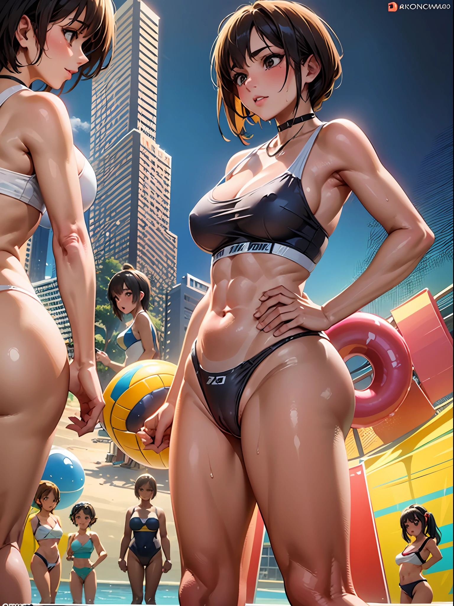 NSFW, (4+girls:1.5), (alternate athlete swimsuit pool), tanned skin, dark tanned skin, oil, abs:1.5, tan lines, dynamicposes, girls playing beach volley, ball of beach volley, net, masterpiece, top quality, ultra high definition, highest resolution, very detailed, perfect face, professional lighting, clean skin, CG illustration, slender, very cute, young face, cleavage, lower breast, wet body, (breasts out:1.4), different hair colors, short hair, pixie haircut, semi-long hair, different hair cuts, hair ribbon, blush, navel, from below, wet body, (breasts out: 1.4), (plastic bag 1.2), transparent swimsuit, beach, sand, water, (wind: 1.3), girls playing behind, showing ass, black necklace choker