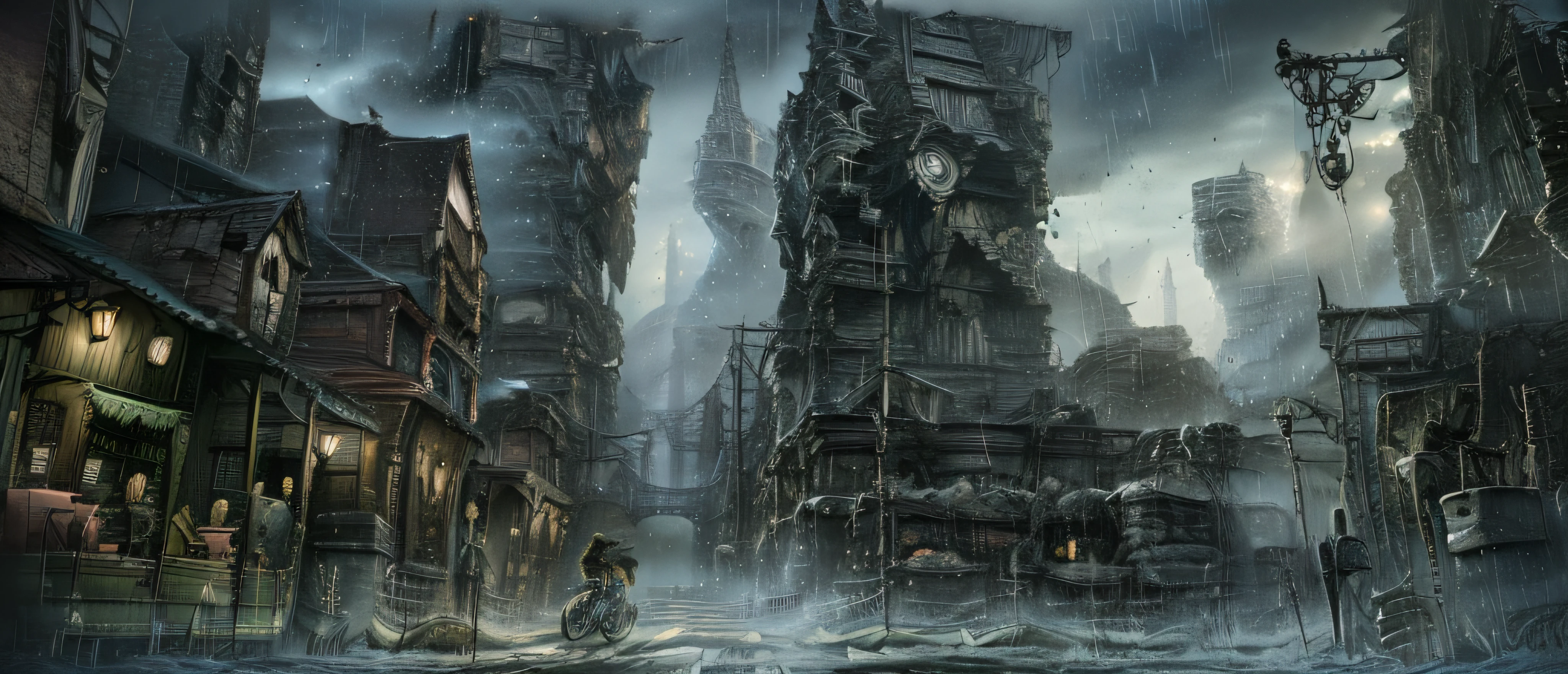 jpn、Urban design of Sidmead、Low-rise buildings、the chaos、Complex and high-definition、bladerunner、Ridley Scott's visual expression、Futuristic cities、nightscape、rainy day、Walking people々
