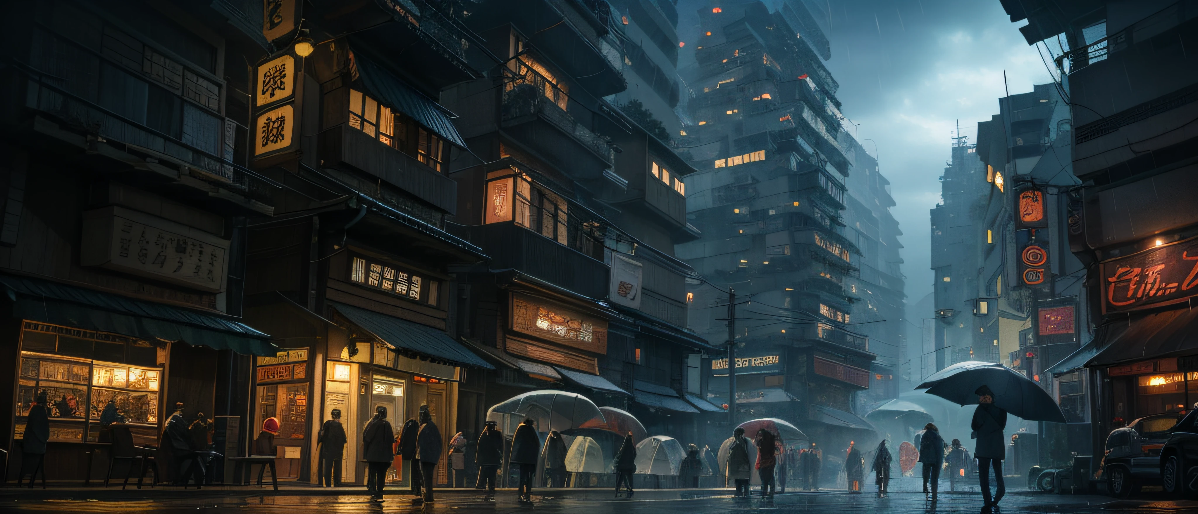 jpn、Urban design of Sidmead、Low-rise buildings、the chaos、Complex and high-definition、bladerunner、Ridley Scott's visual expression、Futuristic cities、nightscape、rainy day、Walking people々