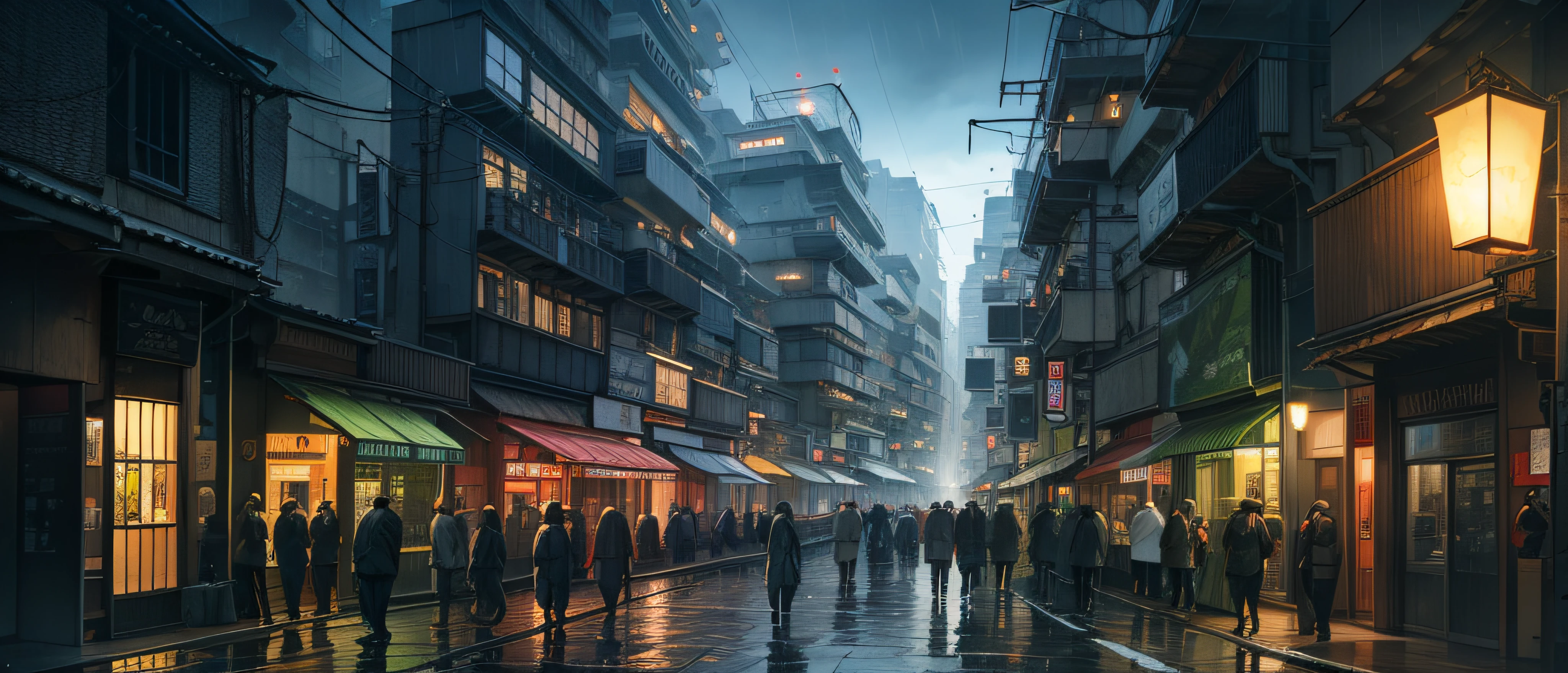 jpn、Urban design of Sidmead、Low-rise buildings、the chaos、Complex and high-definition、bladerunner、Ridley Scott's visual expression、Futuristic cities、nightscape、rainy day、Walking people々