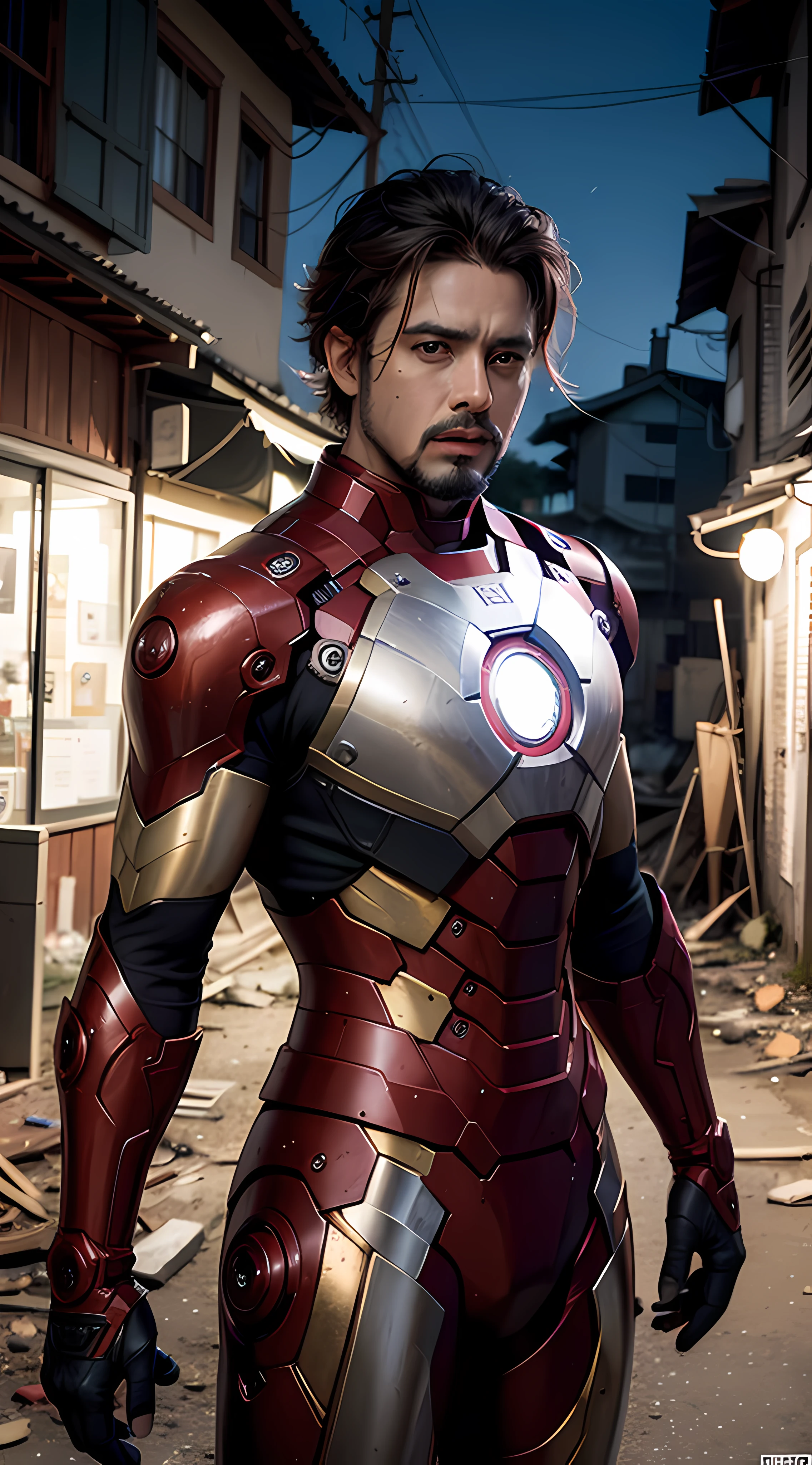 CONSTRUINDO UM MODELO PARA MIM
(CREATE A SINGLE-LOOKING MALE CHARACTER NAMED LEANDRO) 8k, realista, atraente, altamente detalhada, um homem de 33 anos, brasileiro, um homem atraente inspirado no Homem de Ferro usando um mecanismo brilhante do Homem de Ferro, sem o capacete. He dresses with sensuality and confidence, perfectly interpreting the strength and charisma of Iron Man. Em uma cena noturna da cidade no estilo favela, um homem sexy e atraente tem como tema o cosplay do Homem de Ferro. Vestindo um brilhante mecanismo do Homem de Ferro, It sits on a street lined with destroyed houses. The night lights of the city are bright, refletindo em seu cabelo militar, adding a sense of dangerous place. The surrounding buildings and streets are in ruins, como escombros, Fallen vehicles and architectural designs. The whole scene is full of combat and science fiction atmosphere. This high definition and high quality image will provide you with an impressive and exciting visual pleasure, a perfect combination of sensual elements, futuristic and realistic science fiction. OC rendering, lighting dramatic, qualidade premiada, 16:9 --auto